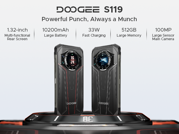 thumbnail video image 2 of DOOGEE S119 (2025) Rugged Phone Unlocked,24GB+512GB/TF 2TB Android 14 Rugged Smartphone with 1.32" Rear Screen,10200mAh Battery/33W,6.72" FHD+,100MP+20MP Night Vision,NFC/Dual Unlock/3 Card Slot/OTG, 2 of 8