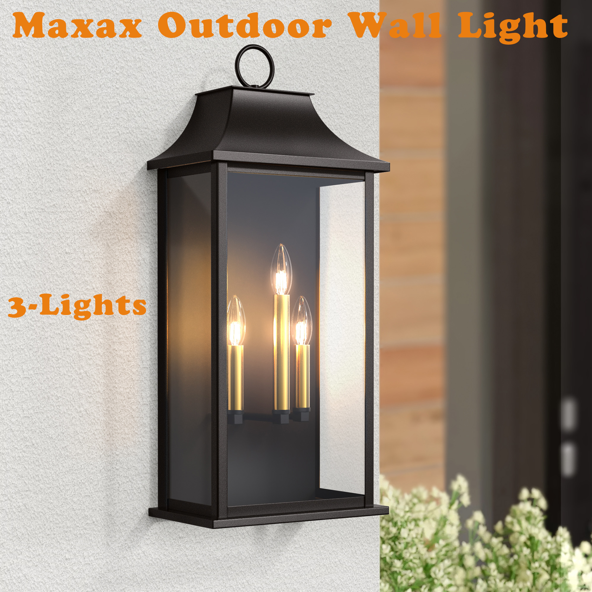 thumbnail video image 2 of Lawyettle 3-Light 25" Outdoor Wall Lantern with Dusk to Dawn Sensor, Black Exterior Light with Glass for Porch, Patio, Entryway & House, 2 of 9