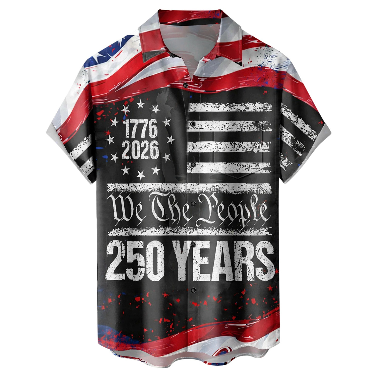 thumbnail video image 2 of XINPING America 250 Tshirt Men’s The People 250 Years Patriotic Shirt, American Flag Print Short Sleeve Button Down Top, 1776-2026 Independence Day Shirt, 2 of 6
