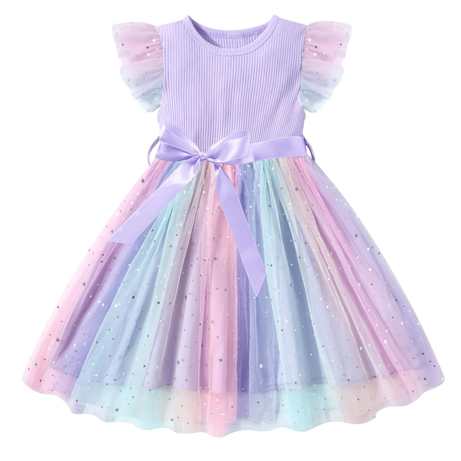 thumbnail video image 2 of Lanbubble Toddler Baby Girls Rainbow Tutu Dresses Tulle Dress Party Princess Sequins Sundress Ruffle Sleeveless Yellow 5-6 Years, 2 of 10