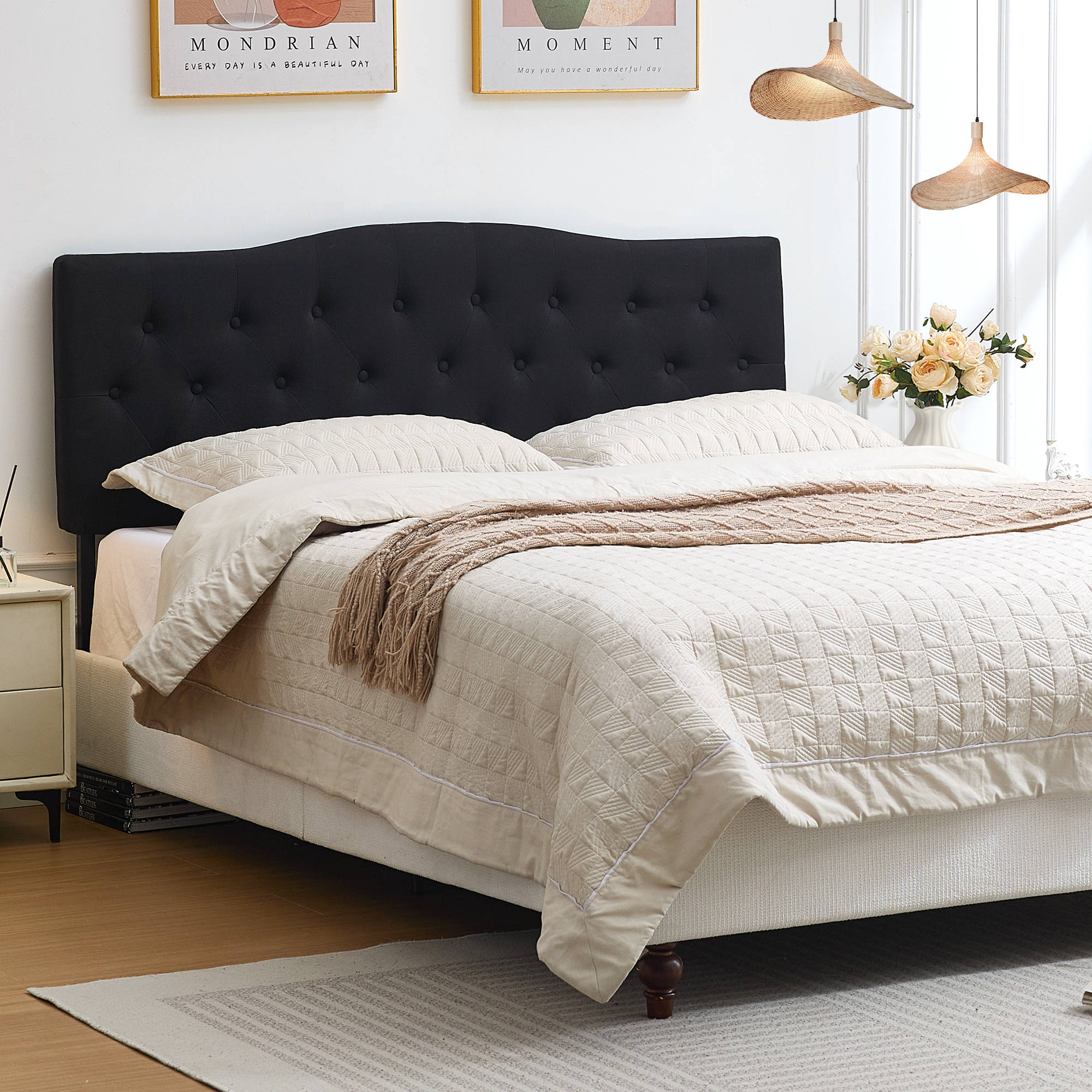 thumbnail video image 2 of JONPONY Tufted Upholstered Headboard King Size, Solid Wood Head Board with Durable Metal Legs, Adjustable Height Head Board, Black, 2 of 9