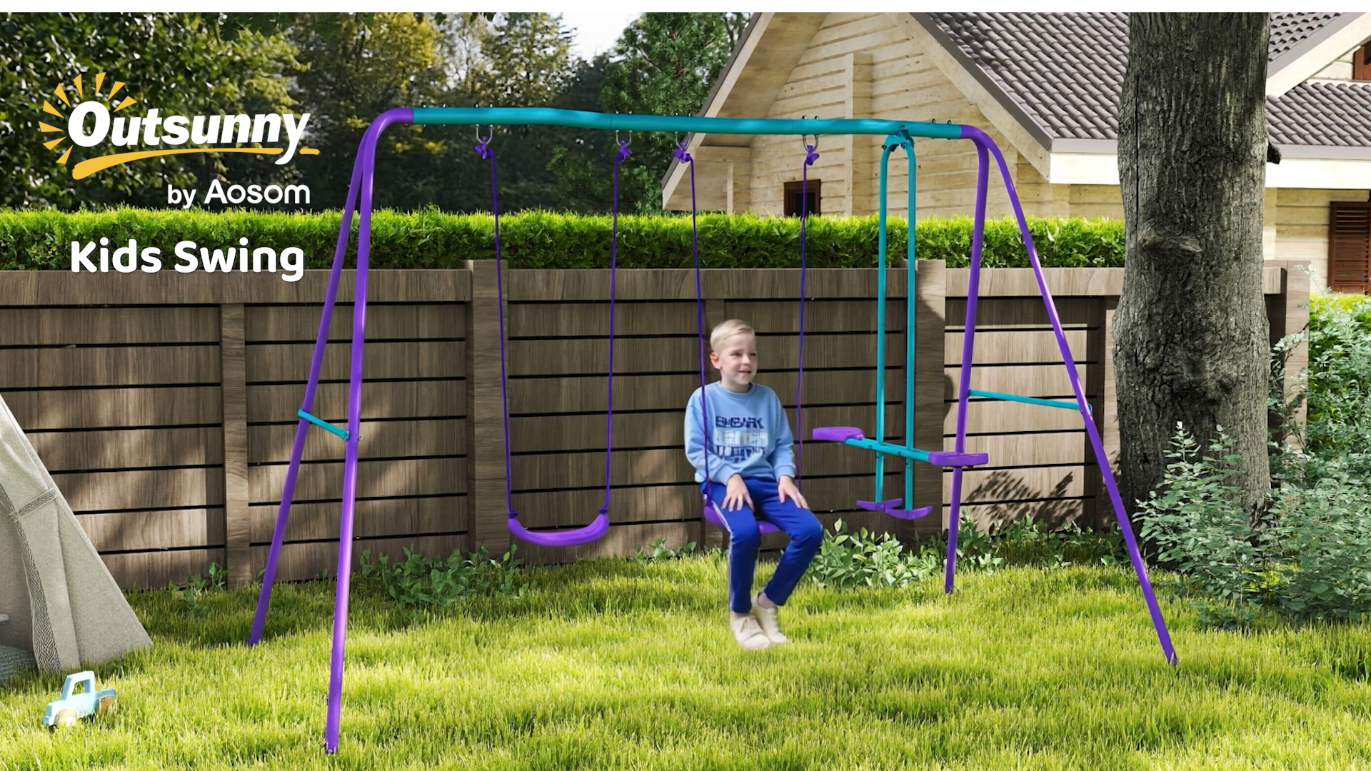 thumbnail video image 2 of Outsunny 2-in-1 Kids Metal Swing Set for Backyard, 2 of 10