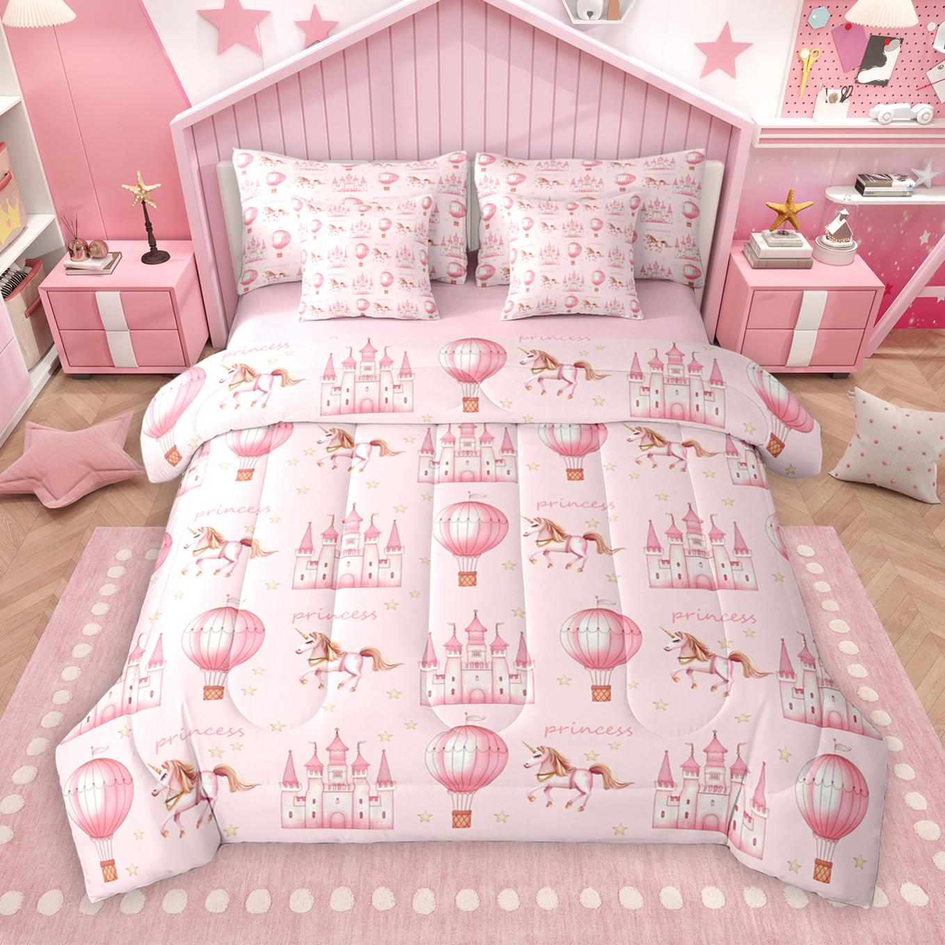 thumbnail video image 2 of Manfei Princess Castle 7pcs Bedding Comforter Set,Fairy Tale Theme Queen Bedding Sets,Romantic Flower Pink White Queen Sheet Sets For Gir Kids,Ultra Soft Home Decor Reversible, 2 of 9