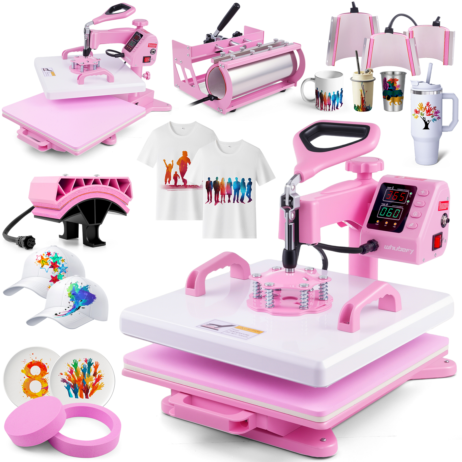 thumbnail video image 2 of Adnoom Heat Press 15x15, 8 in 1 Multifunctional Shirt Press Machine Combo, 360° Swing Away Sublimation Heat Transfer with LED Display for T-shirts Mugs Hat Plate Cap, Pink, 2 of 8