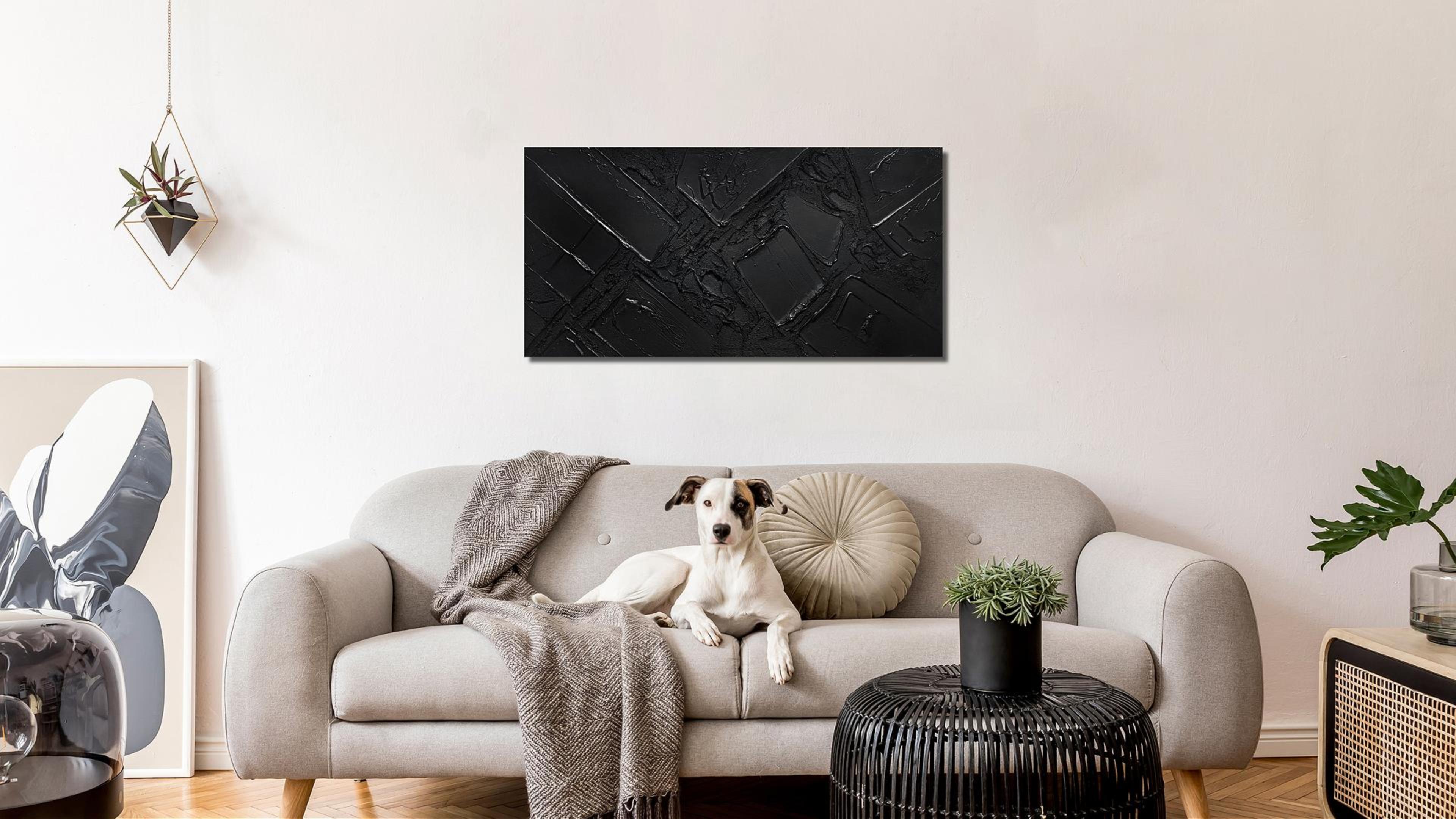 thumbnail video image 2 of Large Hand Painted Black 3D Textured Abstract Wall Art, Minimalist Diagonal Line Raised Impasto Oil Painting Picture, 40x20 Inch Canvas Wall Decor for Living Room Bedroom Hallway Office, 2 of 9