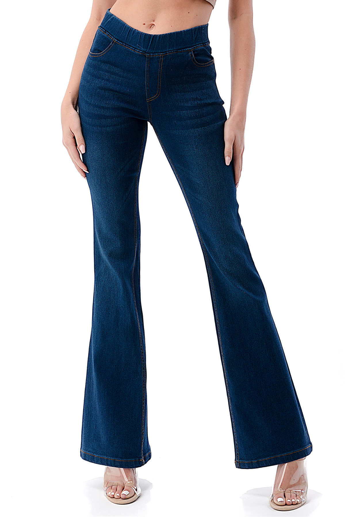 thumbnail video image 2 of Jvini Women's Flare Jeans Pull-On High Waisted Stretch Denim Jeggings Medium Blue Wash 31" Inseam, 2 of 4