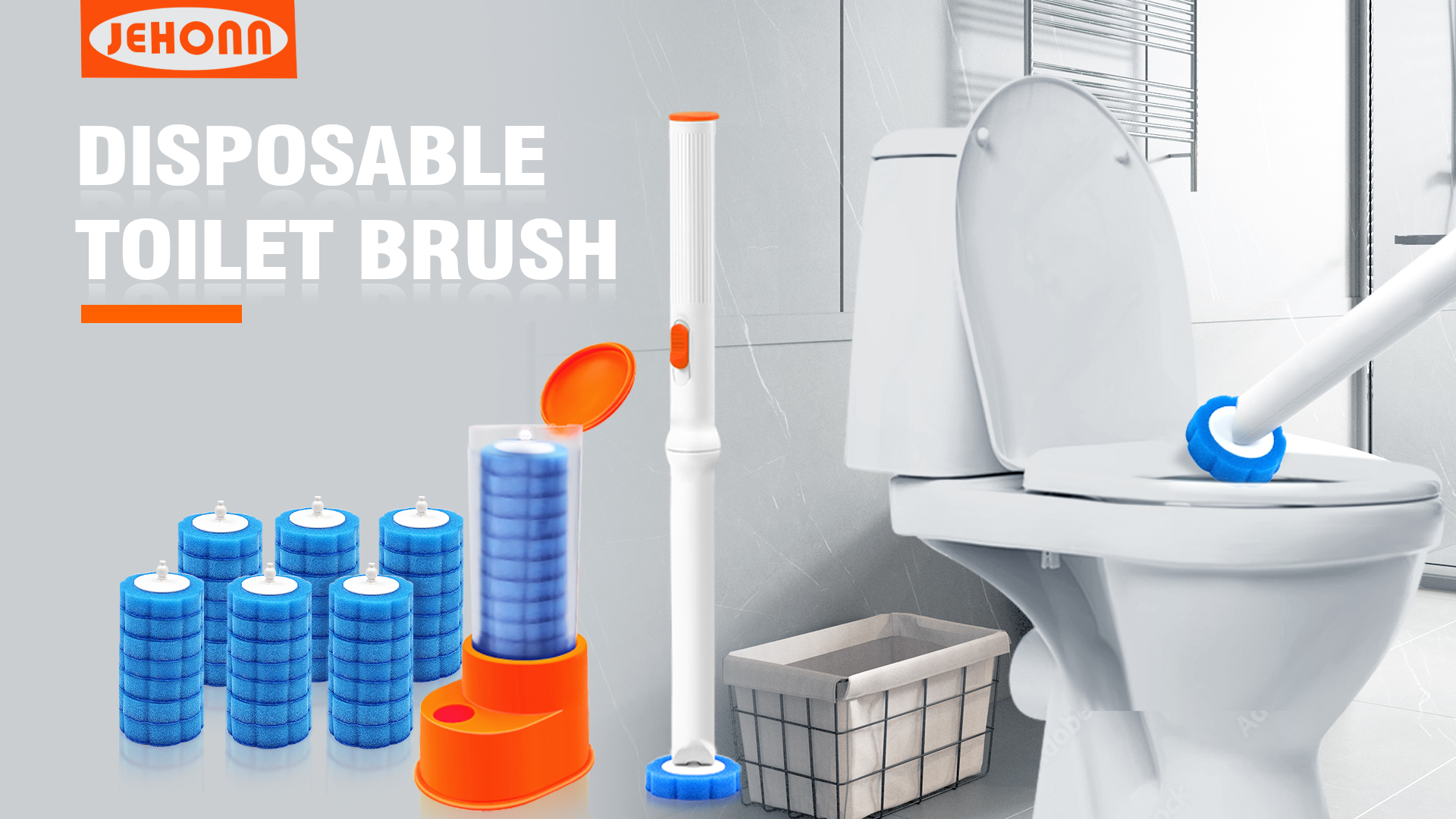 thumbnail video image 2 of JEHONN Disposable Toilet Brush Holder Set with 42 Refills (Orange), 2 of 7