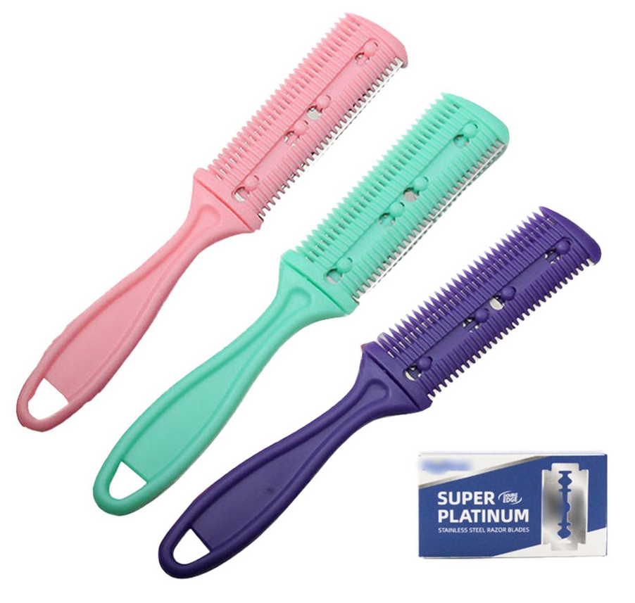 thumbnail video image 2 of Tssuoun 3Pcs Hair Razor Combs Double Side Hair Cutting Comb with 10Stainless Steel Blade, 2 of 8