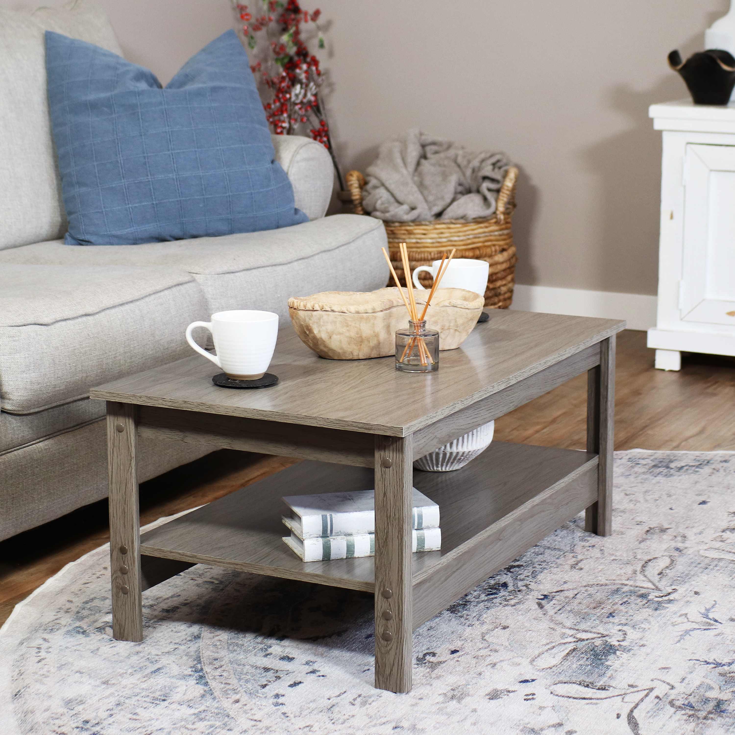 thumbnail video image 2 of Sunnydaze Rustic Rectangular Wood Coffee Table with Shelf, Thunder Gray, 2 of 10