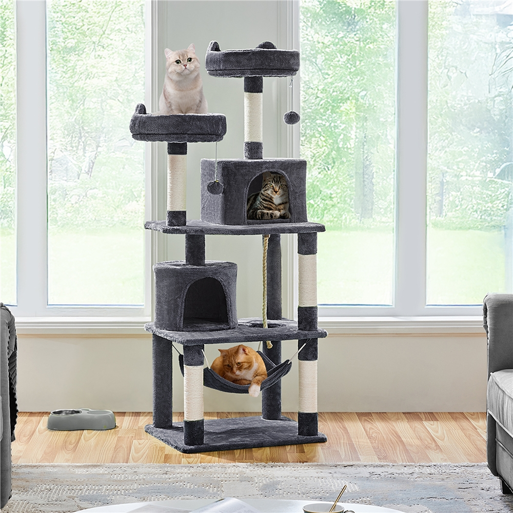 thumbnail video image 2 of Yaheetech 62"H Multi Level Cat Tree Tower with Condos, Foam-Padded Perches, Dark Gray, 2 of 9