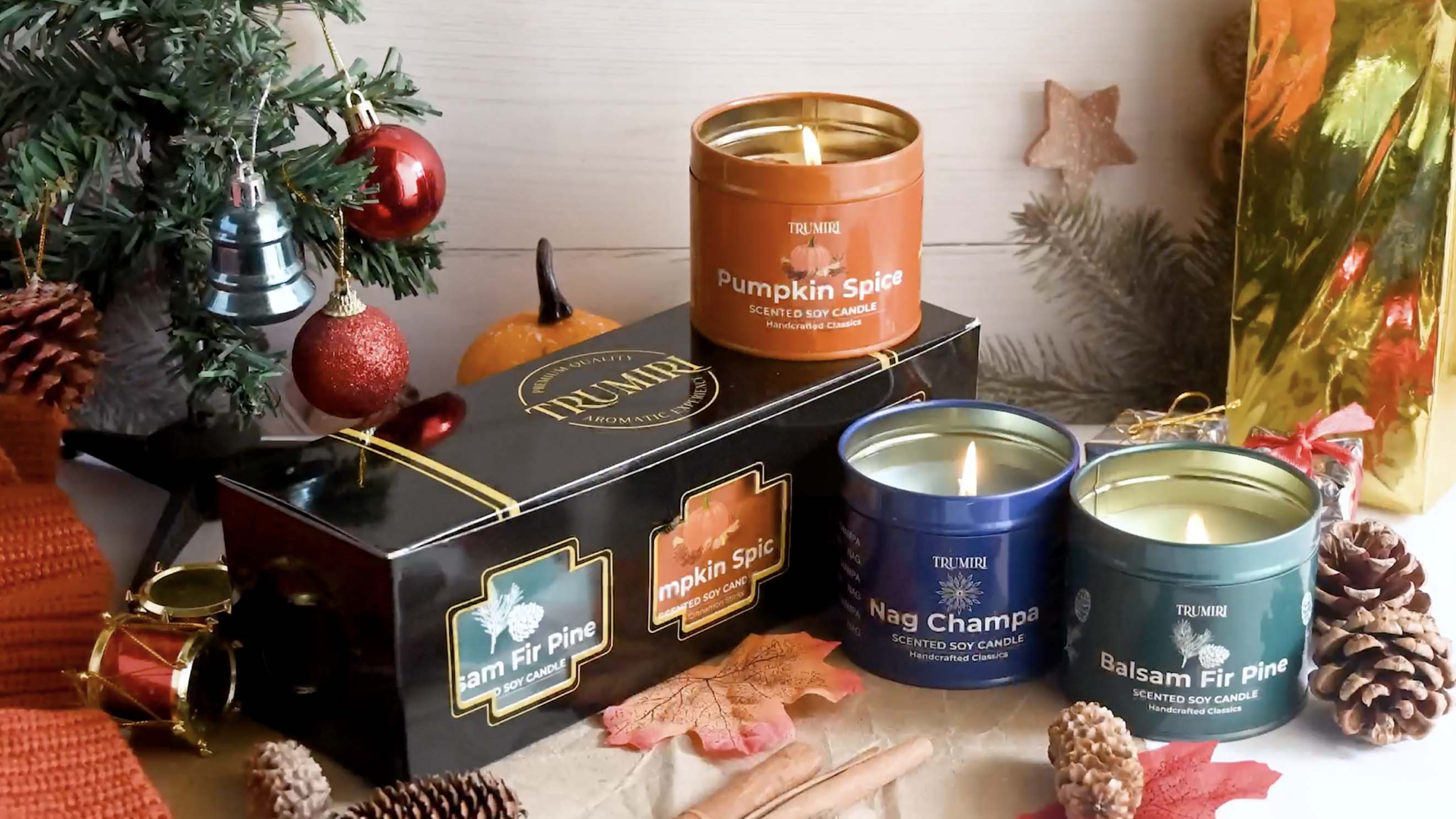 thumbnail video image 2 of Balsam Fir Pine, Pumpkin Spice, Nag Champa - Soy Candles Non Toxic - Highly Scented Long Lasting with Essential Oils - Variety Pack of 3 x 5oz - for Home Aromatherapy Meditation Gift Travel, 2 of 9