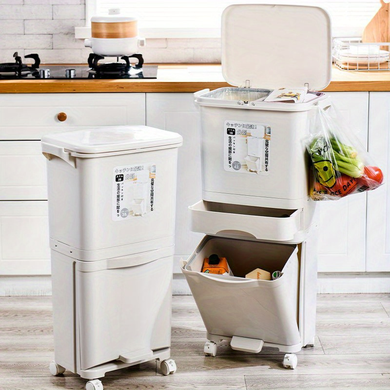 thumbnail video image 2 of Large Double-Layer Trash Can with Lid – Foot Pedal Garbage Bin for Kitchen, Dry & Wet Waste Separation, Durable Plastic Rubbish Bin for Home, Office, and Cleaning Supplies, 2 of 18