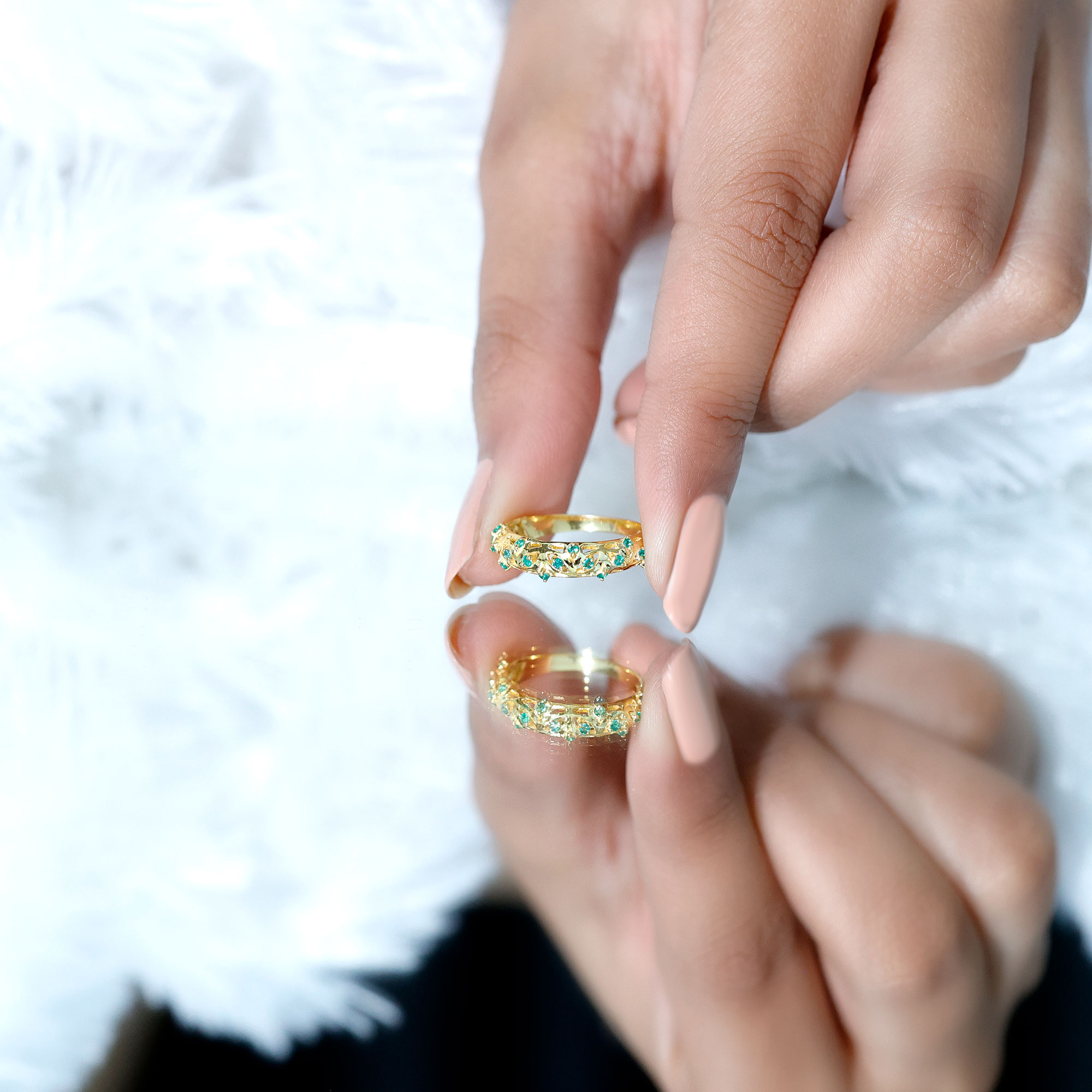 thumbnail video image 2 of Rosec Jewels Emerald Half Eternity Band Ring, Gold Filigree Band Ring (0.50 CT), 10K Yellow Gold, US 11.50, 2 of 8