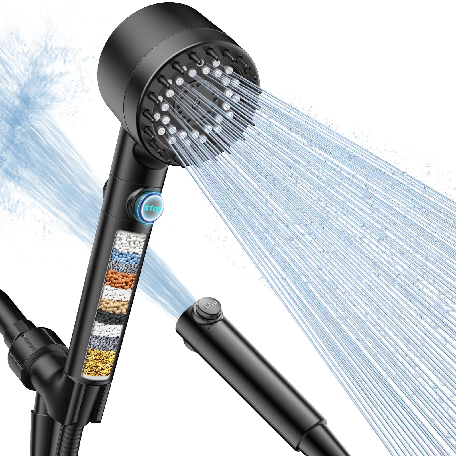 thumbnail video image 2 of FEELSO High Pressure Shower Head with Handheld, Filtered 4 Spray Showerhead with Upgraded Anti-clog Nozzles for Hard Water, Easy to Install, Gold, 2 of 10