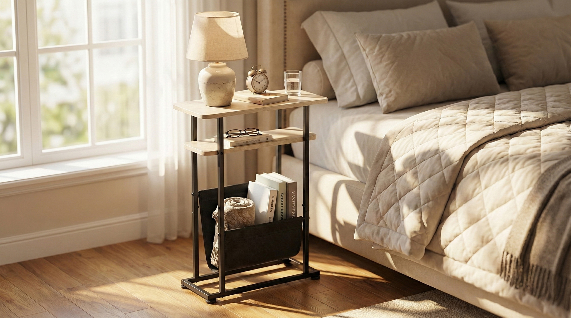 thumbnail video image 2 of Narrow Small Side Table for Small Spaces - Slim End Table with Magazine Rack - 2 in 1 Narrow End Table Living Room - Skinny Bedside Table Nightstand Bedroom Thin Side Table, Oak, 2 of 11