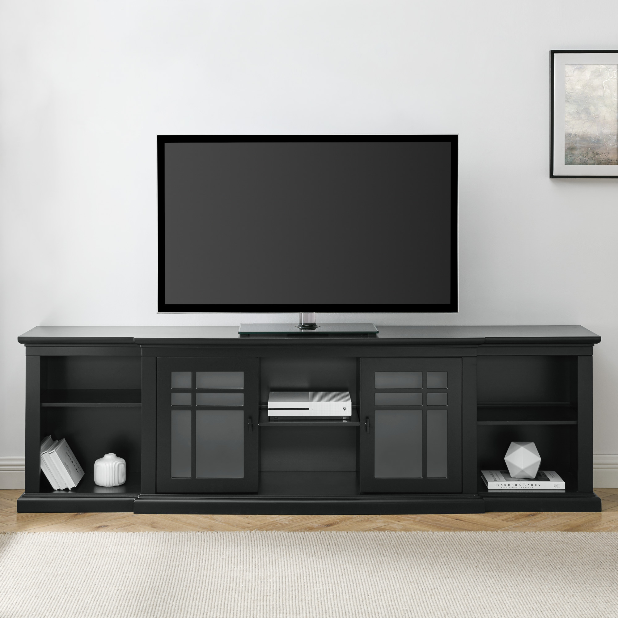 thumbnail video image 2 of Walker Edison Transitional Glass-Door TV Stand for TVs up to 90”, Black, 2 of 11