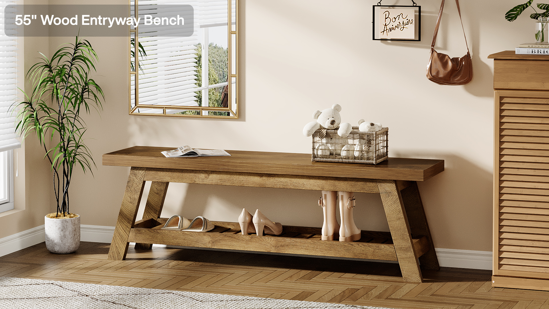 thumbnail video image 2 of Finmind 55" Wood Entryway Bench with Shoe Storage, 2-Tier Narrow Hallway Shoe Seating Bench for Entryway, Bedroom, Mudroom, Rustic Brown, 2 of 8