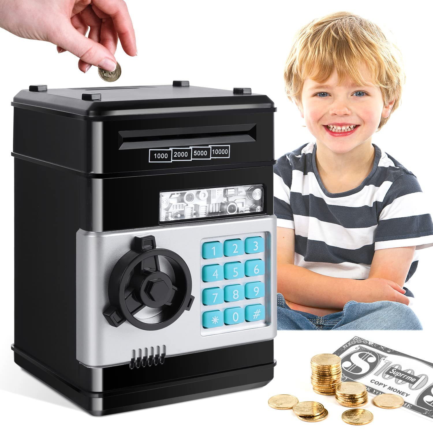 thumbnail video image 2 of Funtogether Toys Auto-Rolling Electronic Password Piggy Bank for Kids, Mini ATM Safe Money Box with Painted Design, 2 of 8