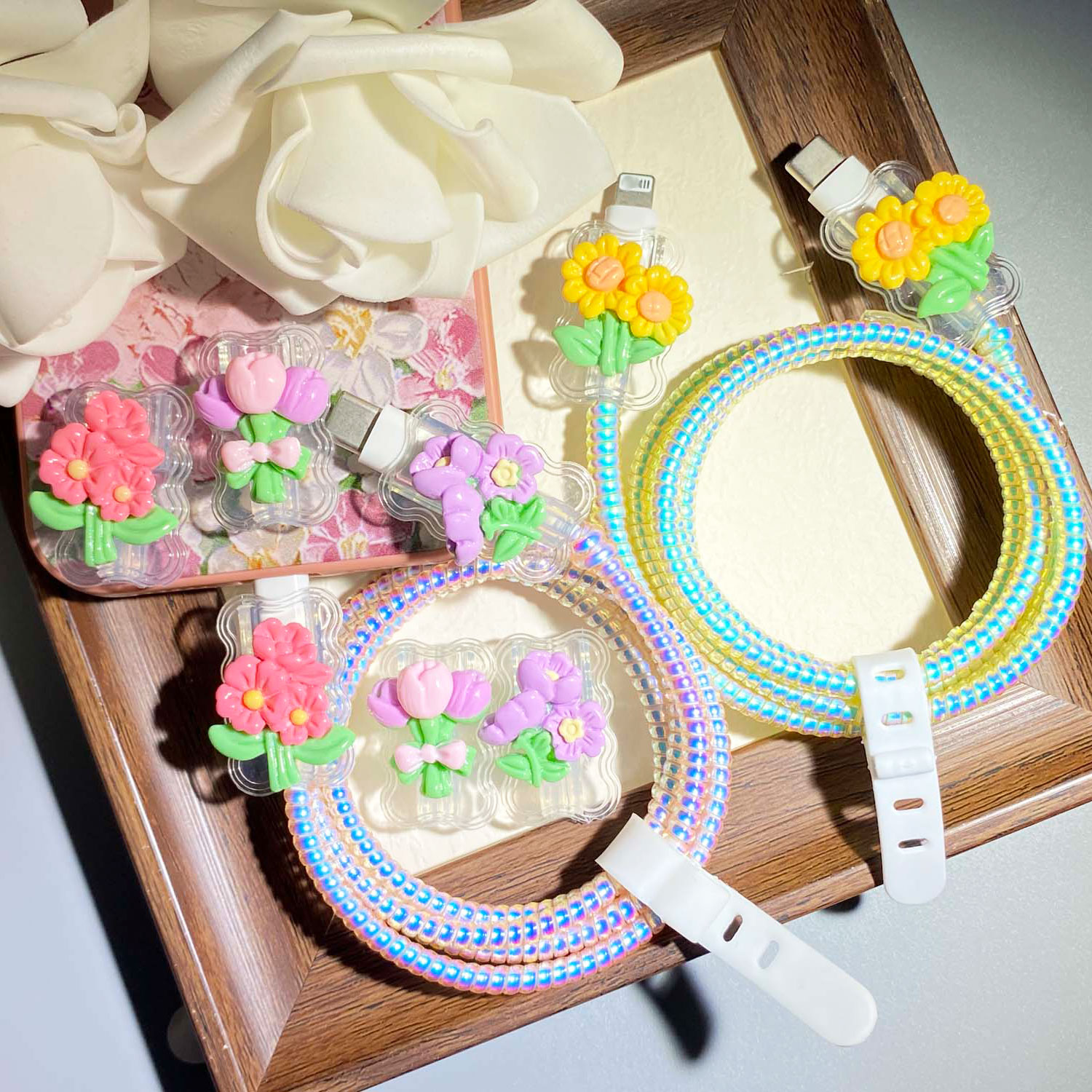 thumbnail video image 2 of Tianyeda Flower 2Pcs Charging Cable Protectors with 1pc Spiral Protective Rope, 2 of 5