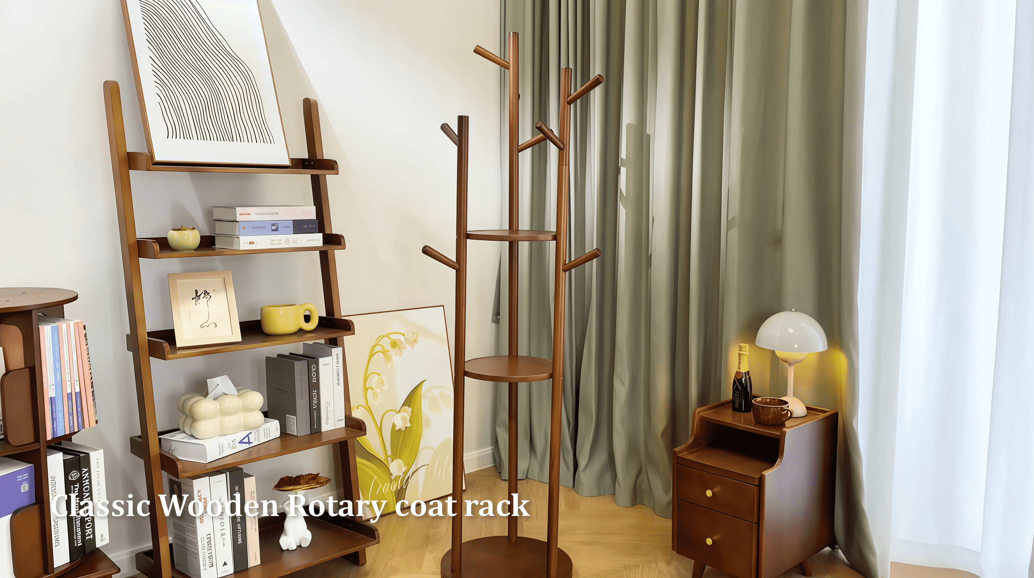 thumbnail video image 2 of KASLANDI Solid Wood Rotary Coat Rack Stand, Freestanding with 3 Shelves & 9 Hooks, Sturdy Coat Tree for Entryway & Bedroom, Natural, 2 of 8
