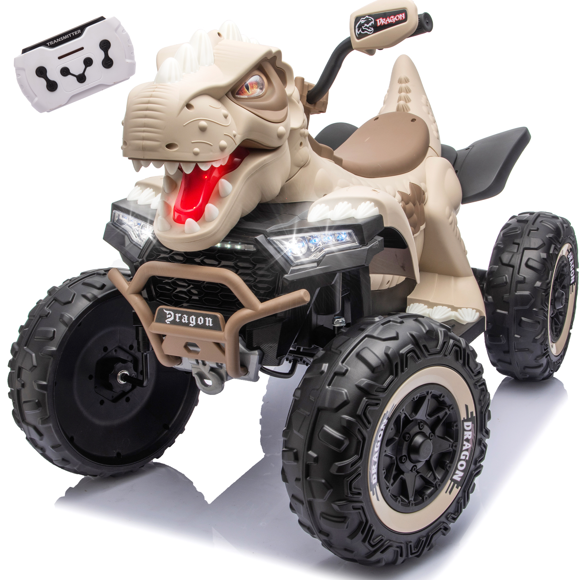 thumbnail video image 2 of 12V Dinosaur Kids Ride On Car, 2 Seater Electric Ride On Toy for Kids with Remote Control, Bluetooth, USB, 4 Wheel Suspension, Powered Dinosaur Toy Car for Boys and Girls Ages 3-8, Khaki, 2 of 9