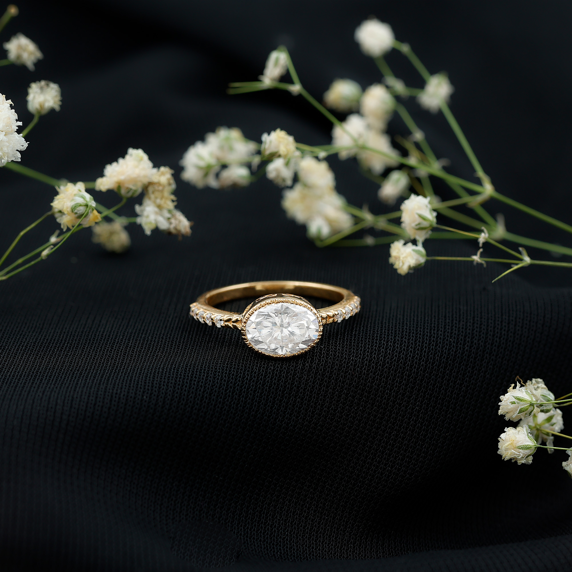 thumbnail video image 2 of Rosec Jewels Moissanite Oval Engagement Ring 1 Carat - East West Ring for Women - 6X8 mm - D-VS1 Quality Certified, 10K White Gold, US 6.50, 2 of 8