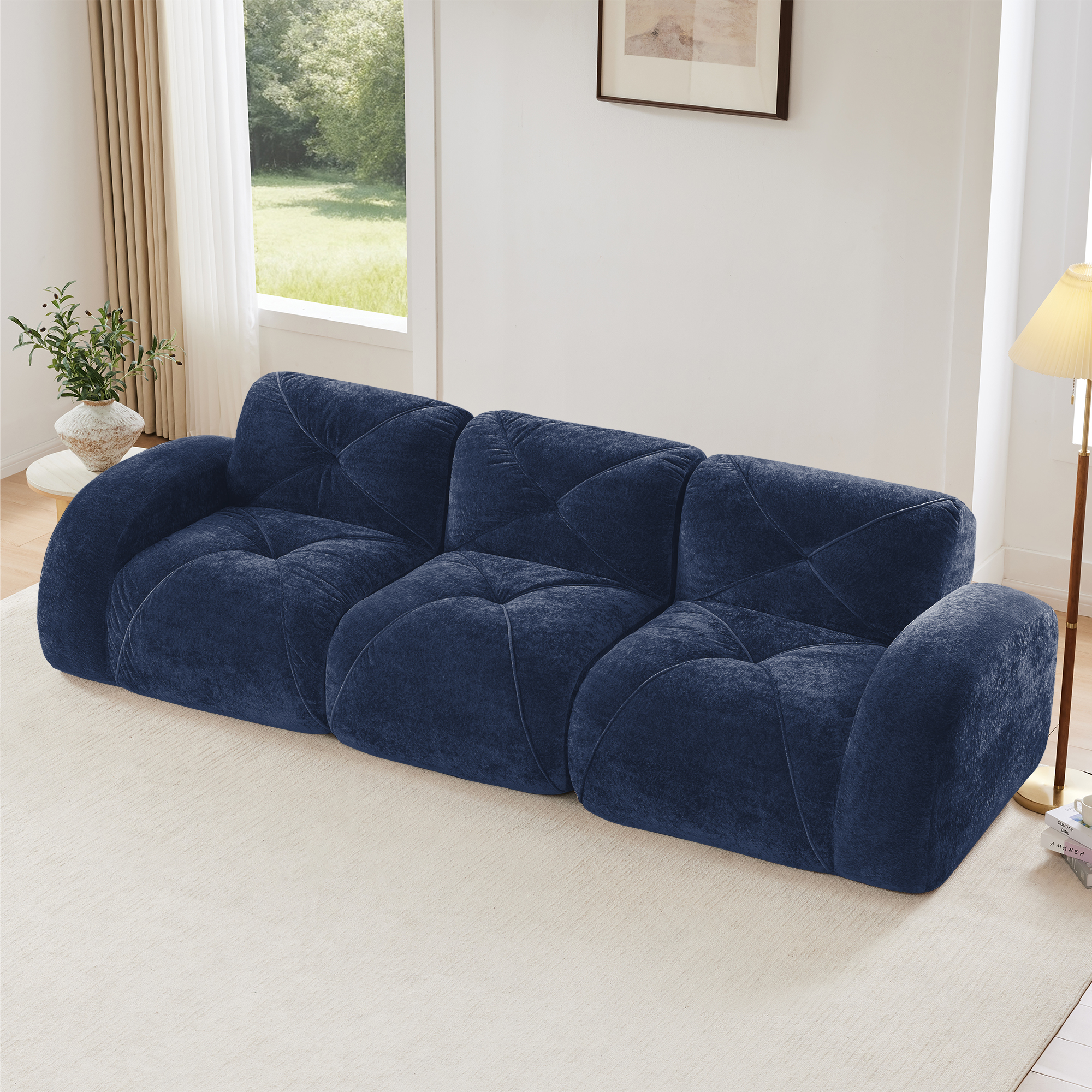 thumbnail video image 2 of Eyisean 110'' Velvet Modern Modular Sectional Couch with Ottoman, 3-Seater L Shape Tufted Boneless Couches with Anti-Slip Design, No Assembly Required, Deep Seat Cloud Floor Sofa for Living Room, 2 of 21