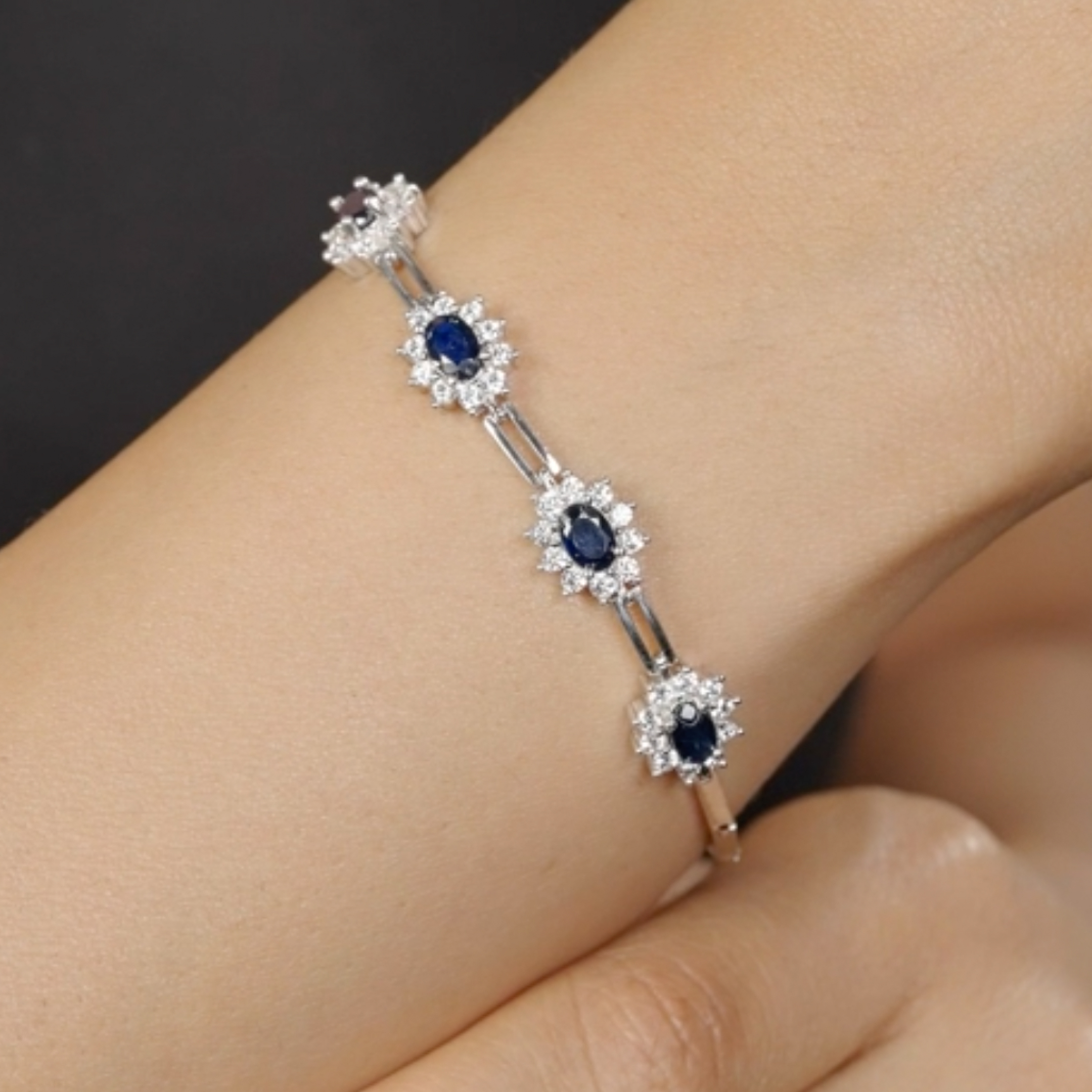 thumbnail video image 2 of Gem Stone King 2.36 Cttw Simulated Sapphire Tennis Bracelet for Women | 925 Sterling Silver | 7 inch with 1 inch Extender | Fine Jewelry Gifts for Her Mom Women Wife, 2 of 6