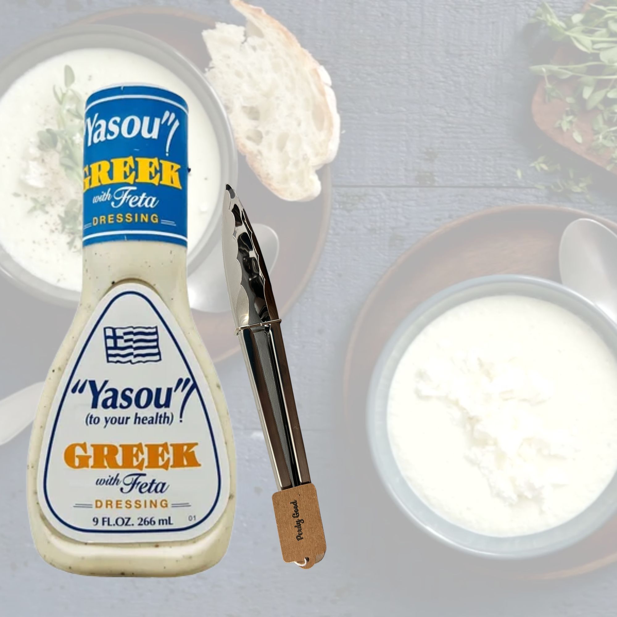 thumbnail video image 2 of Yasou Greek with Feta Dressing 9Fl. oz. with Salad Tongs, 2 of 6
