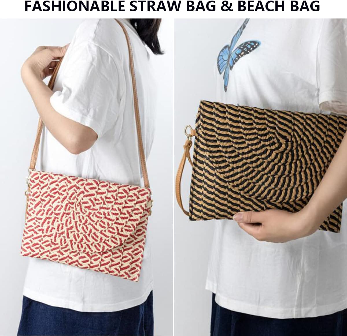 thumbnail video image 2 of Straw Clutch Bag Woven Purse for Women Shoulder Bag Casual Beach Rattan Handmade Wallet, 2 of 8
