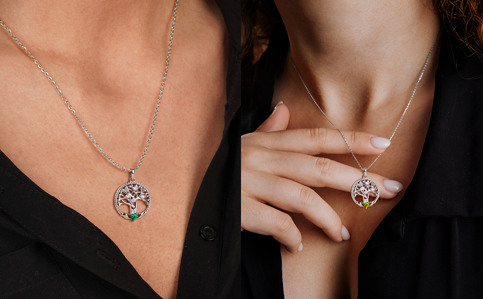 thumbnail video image 2 of Tree of Life Necklace, 925 Sterling Silver Tree of Life Birthstone Pendant Necklace, Meaningful Birthstone Jewelry Gifts for Her Wife Mom Women, 2 of 9