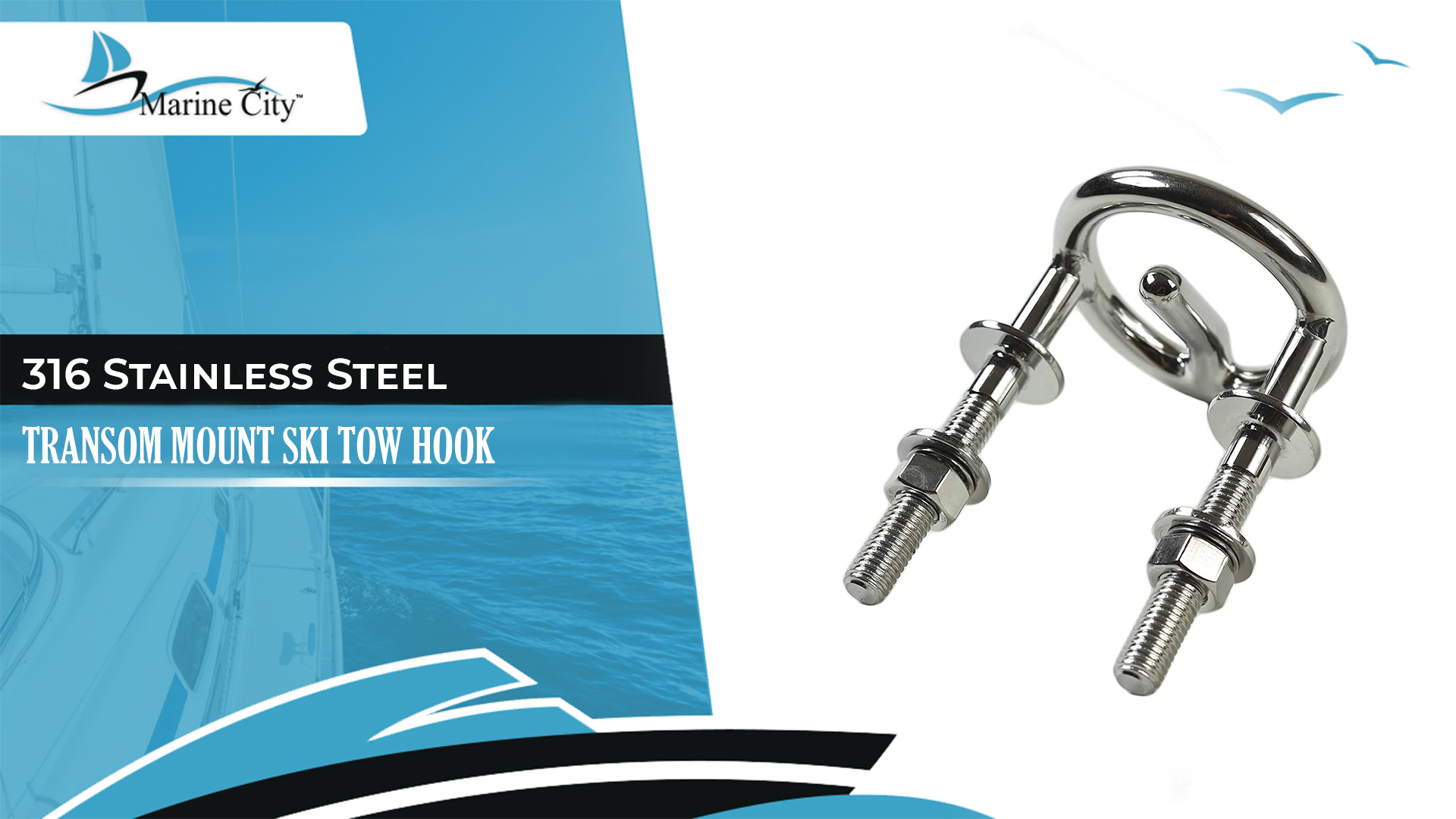 thumbnail video image 2 of MARINE CITY Transom Mount Ski Tow Hook,  316 Stainless Steel, 2.5 Inch Thread Length, Corrosion-Resistant, Ideal for Boats, Marines, Yachts, Sport Accessories, 2 of 8