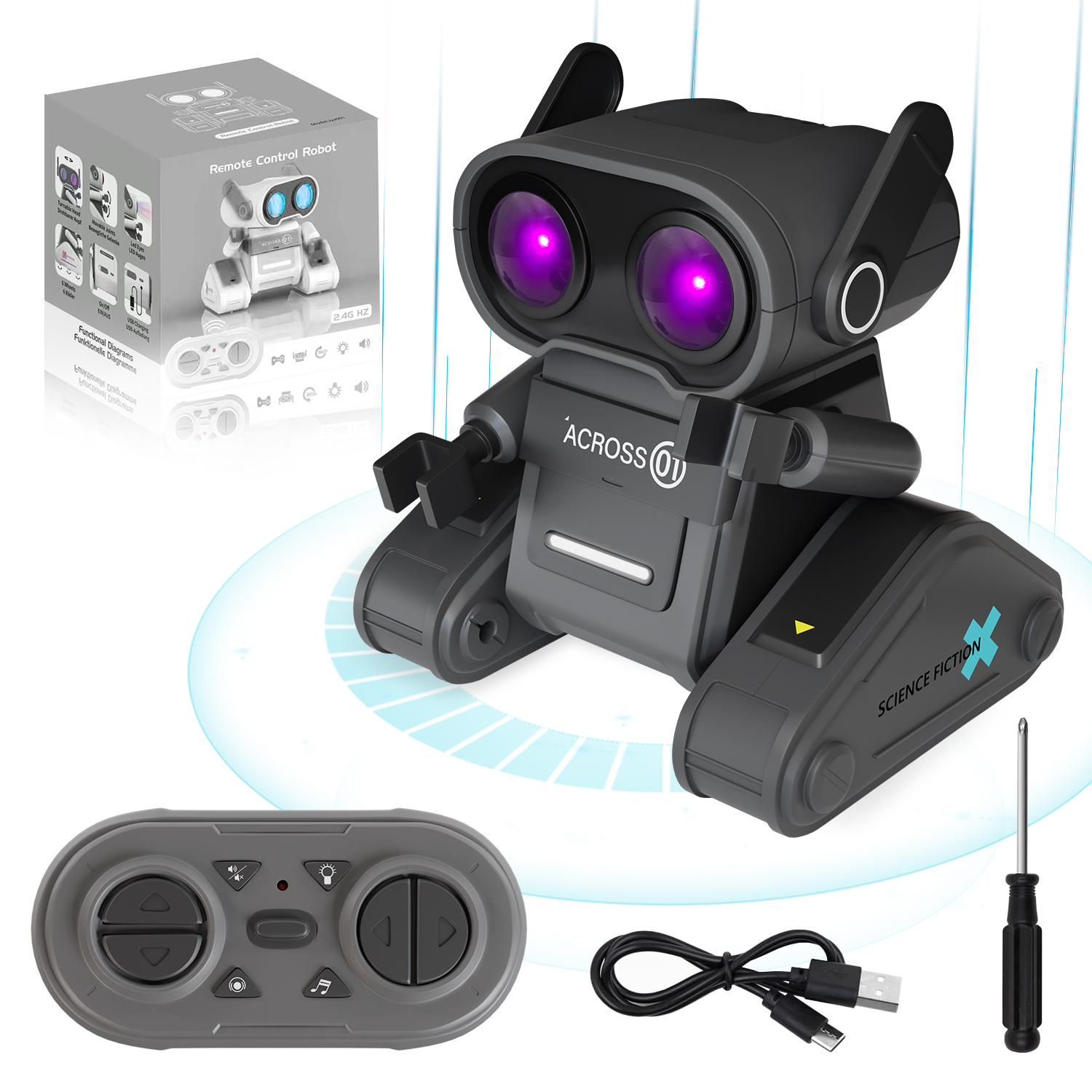 thumbnail video image 2 of Robot Toy for Kids, Remote Control Robot Toy Intelligent Walking 360°Body Spinning Dancing with LED Eyes and Music, Demo Smart RC Robot Toys for Ages 3+ Boys Girls, Black, 2 of 8