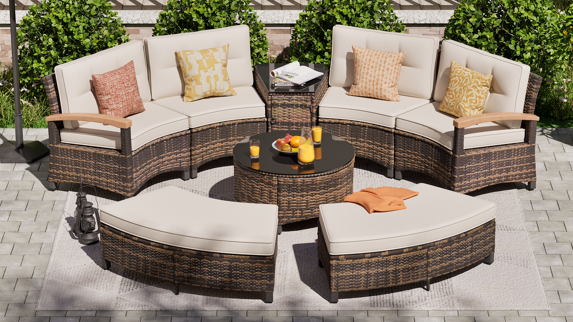 thumbnail video image 2 of MEISSALIVVE 8 Piece Outdoor Patio Furniture Set, Half-Moon Curved Rattan Conversation Set with Wood Armrest, 2 Ottoman, Coffee Table & Side Table(Beige), 2 of 11