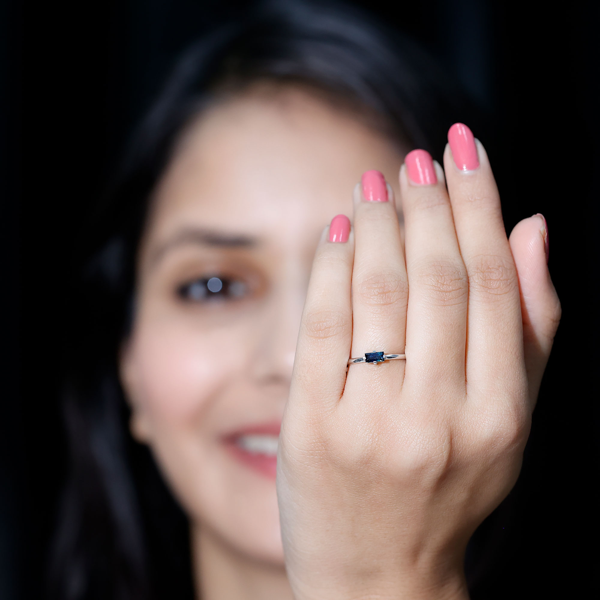 thumbnail video image 2 of Rosec Jewels Womens 1/4 CT Baguette Cut Blue Sapphire Promise Ring, East West Blue Sapphire Ring, Blue Sapphire Promise Ring for Her, 14K White Gold, US 10.50, 2 of 8