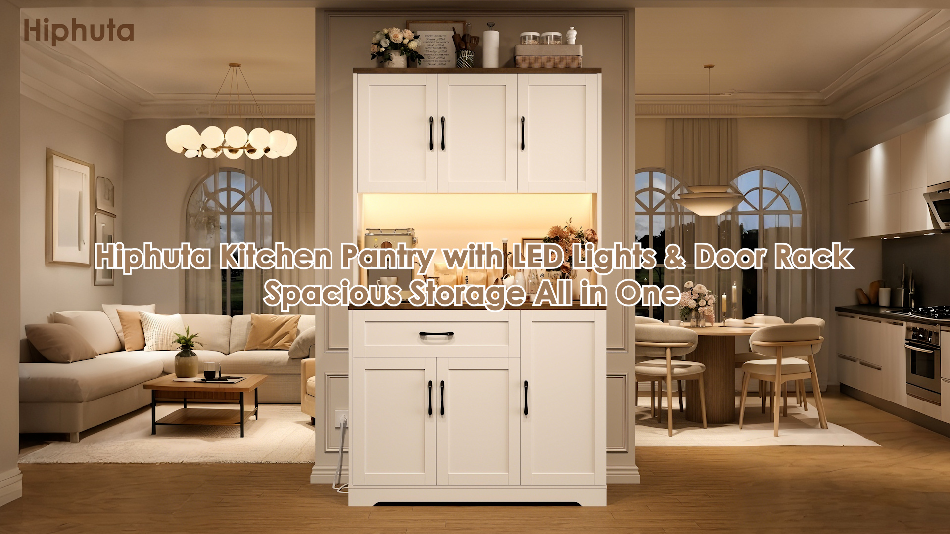 thumbnail video image 2 of Hiphuta 71”Tall Modern Pantry Cabinet with Power Outlet & LED, Freestanding Kitchen Hutch Cabinet for Dining Room, Black, 2 of 8