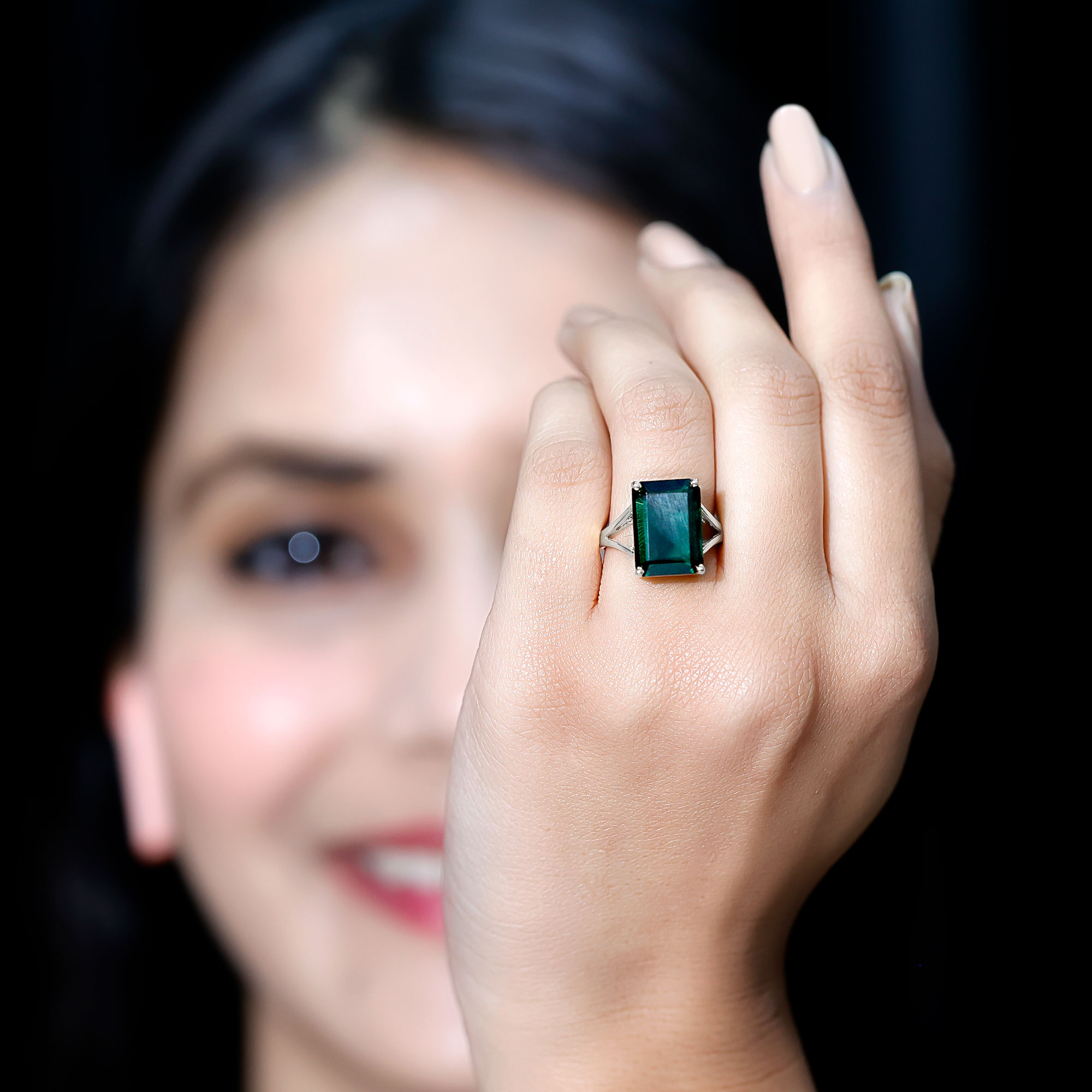 thumbnail video image 2 of Rosec Jewels Emerald Cut Lab Grown Green Sapphire Solitaire Ring with Split Shank - 10X14 mm, 925 Sterling Silver, US 4.00, 2 of 8