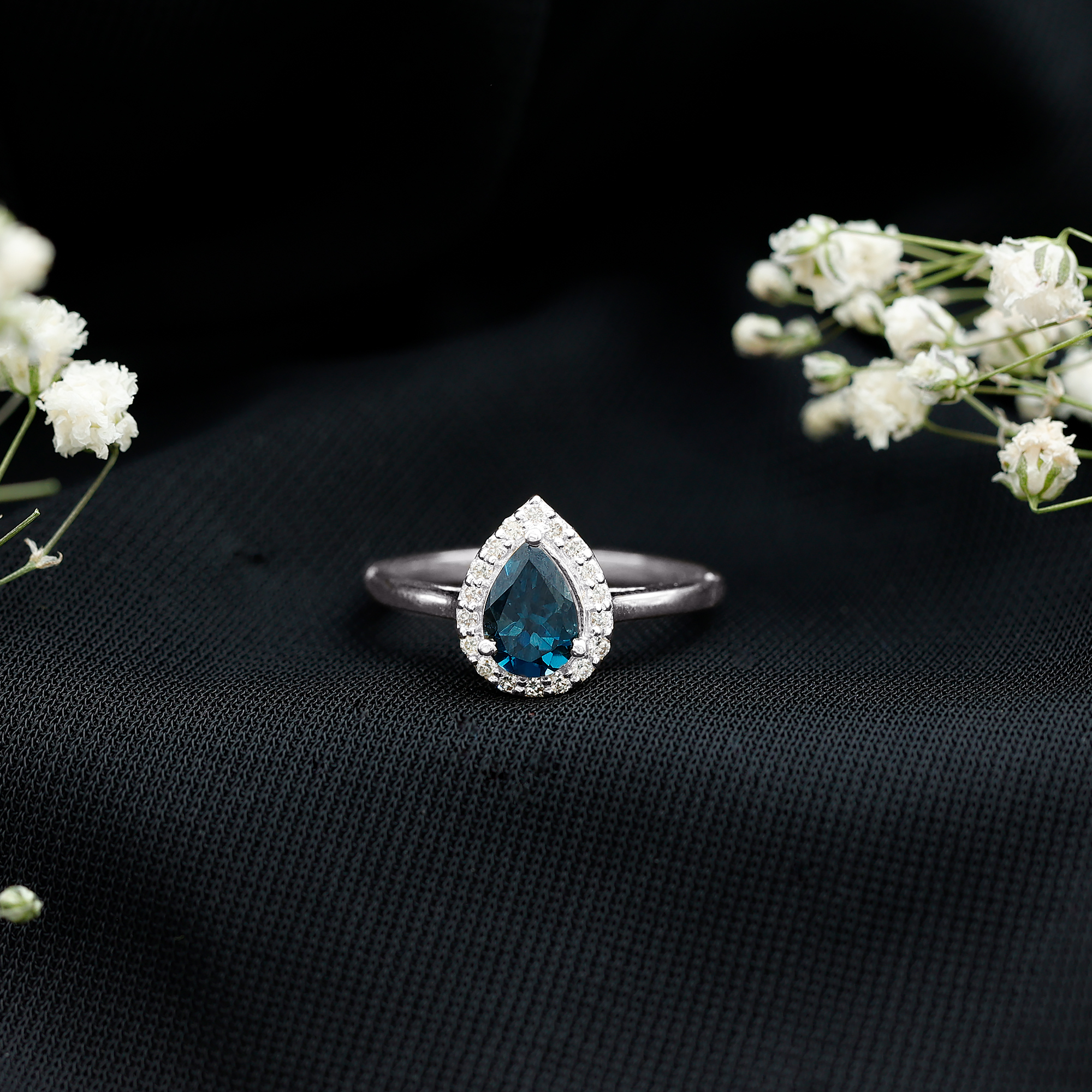 thumbnail video image 2 of Rosec Jewels London Blue Topaz Teardrop Engagement Ring with Diamond Halo - 5X7 mm Pear Shaped - AAA Quality - with Jewelry Box, 18K White Gold, US 10.50, 2 of 8