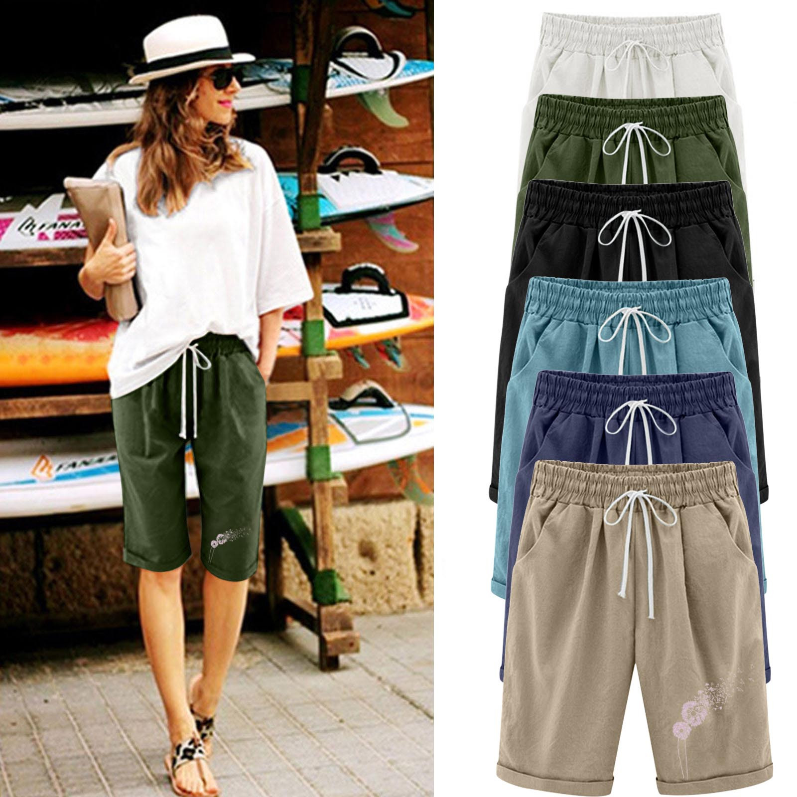 thumbnail video image 2 of WREESH Womens Summer Beach Shorts Printed Five Points Plus Size Cotton Linen Shorts Casual Shorts Green, 2 of 6