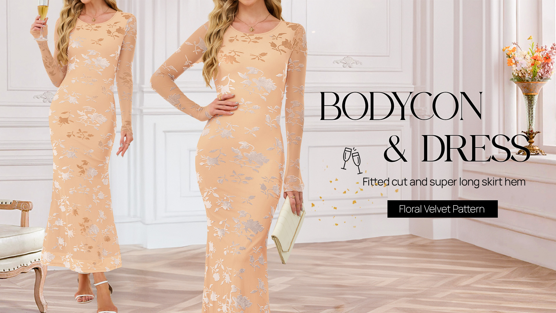 thumbnail video image 2 of Merokeety Womens Fall Wedding Guest Maxi Dress Long Sleeve Bodycon Floral Mesh Winter Cocktail Dress Navy XL, 2 of 9