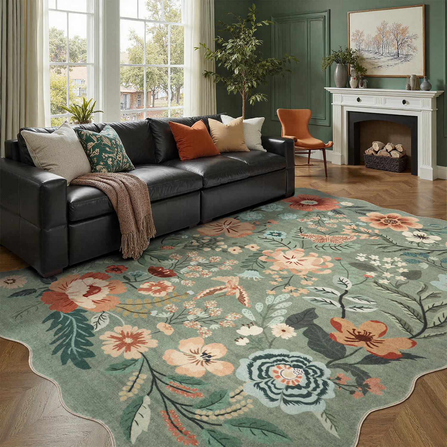 thumbnail video image 2 of 5x7 Washable Scalloped Green Rug, Non-Slip, Stain-Resistant Low-Pile Vintage Floral Rug for Dining Room, Living Room, office, Bedroom -Green, 2 of 9