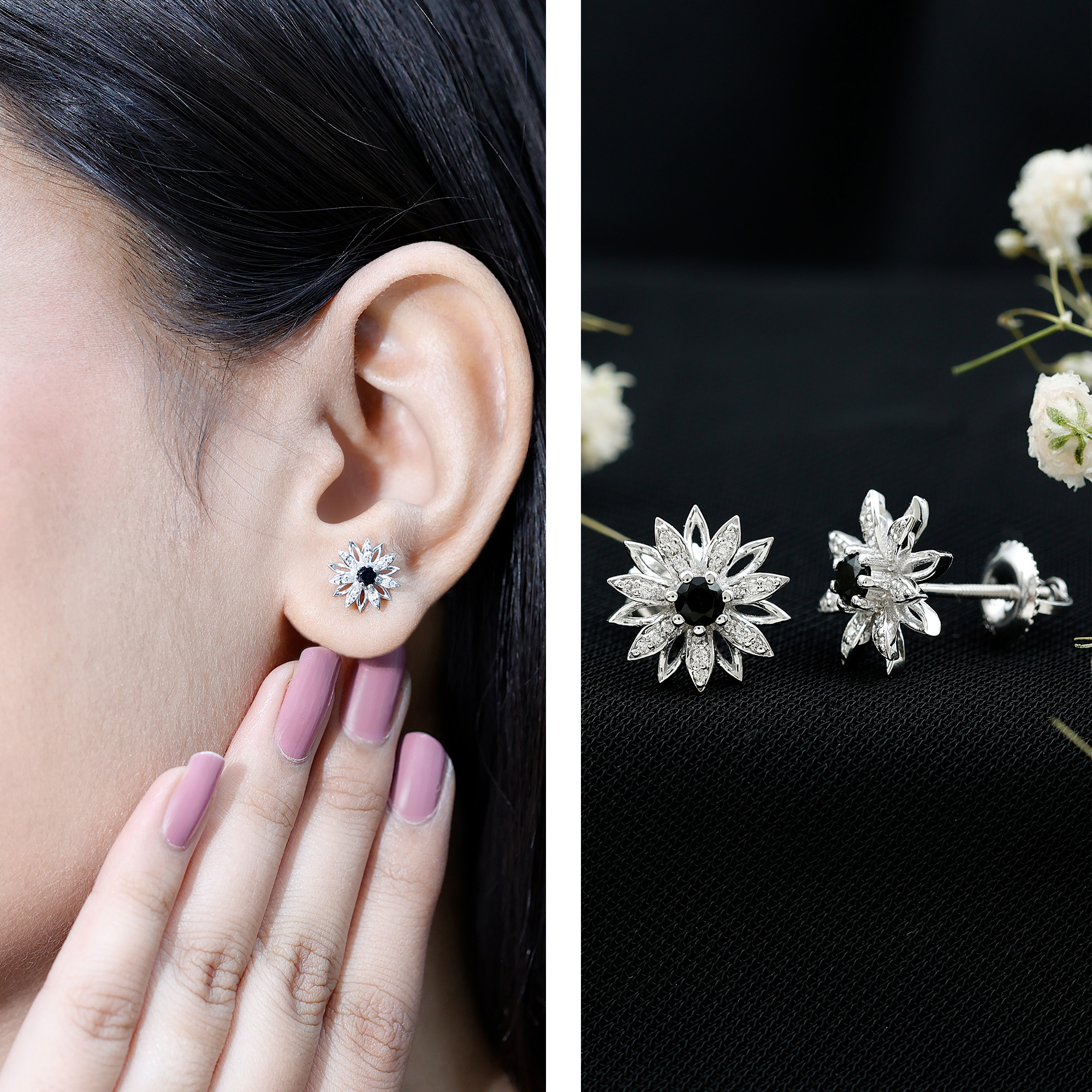 thumbnail video image 2 of Rosec Jewels 1/4 CT Floral Stud Earrings with Black Diamond and Diamond, 14K White Gold, 2 of 9