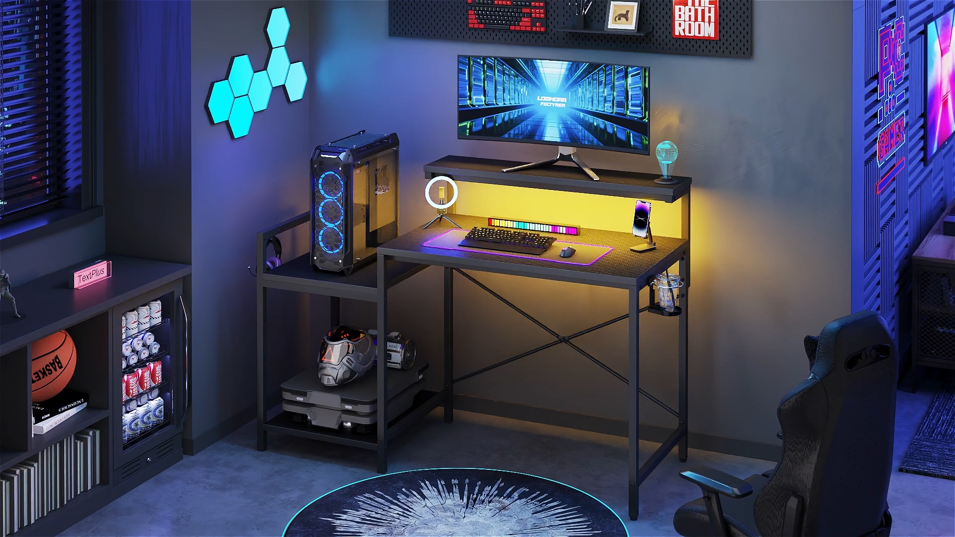 thumbnail video image 2 of RSPGAME LED Gaming Desk with Monitor Stand, 47 inch Reversible Computer Desk for Home Office, Carbon Fiber Black, 2 of 10