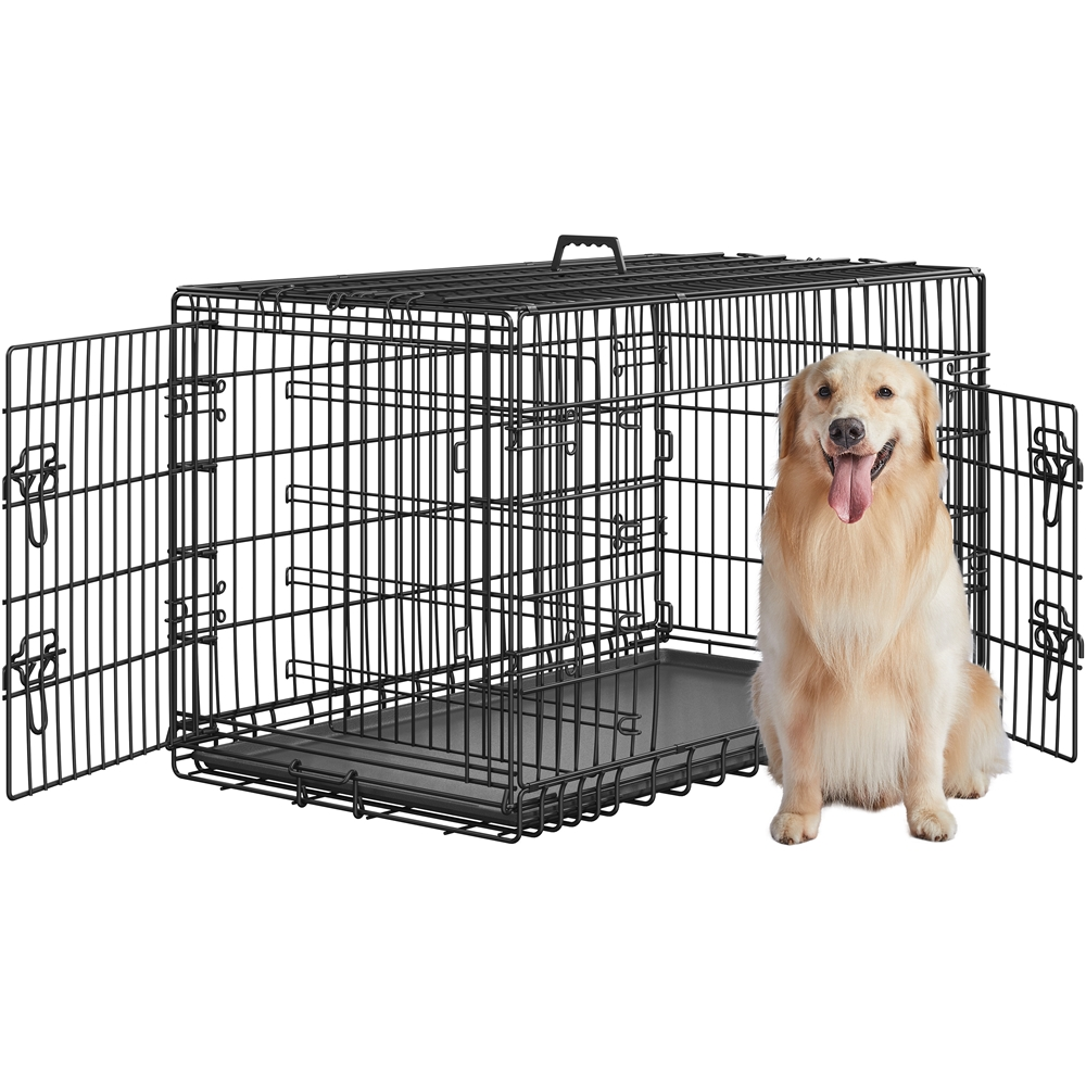 thumbnail video image 2 of Yaheetech 42.1'' Foldable Metal Wire Pet Kennel Dog Crate with Divider and Pull-out Tray, Black, 2 of 11