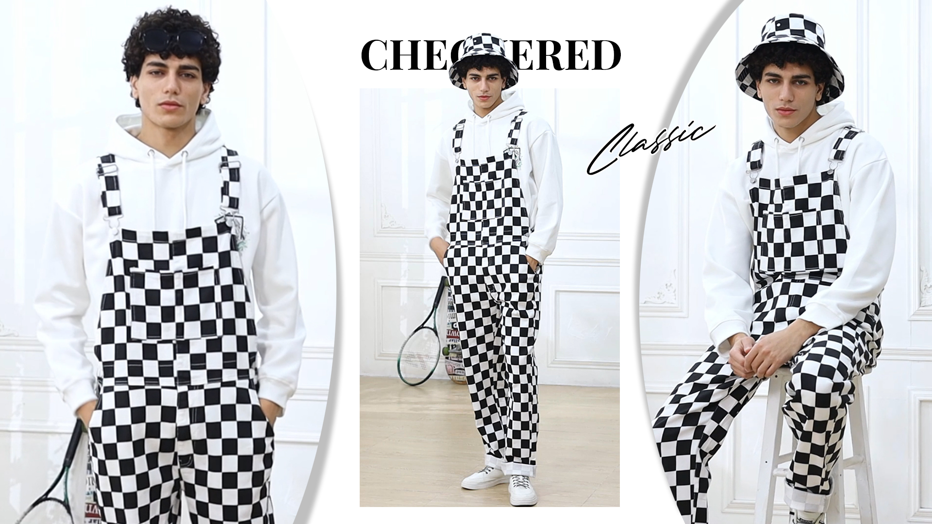 thumbnail video image 2 of Overalls for Men Checkered Jumpsuits Stretchy Rompers Work Bibs Coveralls, 2 of 9