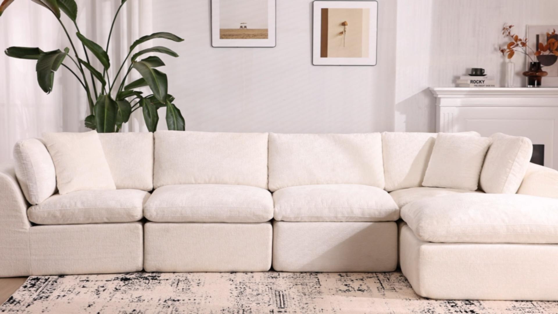 thumbnail video image 2 of 138'' Chenille Sectional Sofa with Movable Ottoman, Modern Boneless Cloud Couch with Deep Seat, 4-Seater L-Shaped Modular Sofa for Living Room, No Assembly Required, Beige, 2 of 12