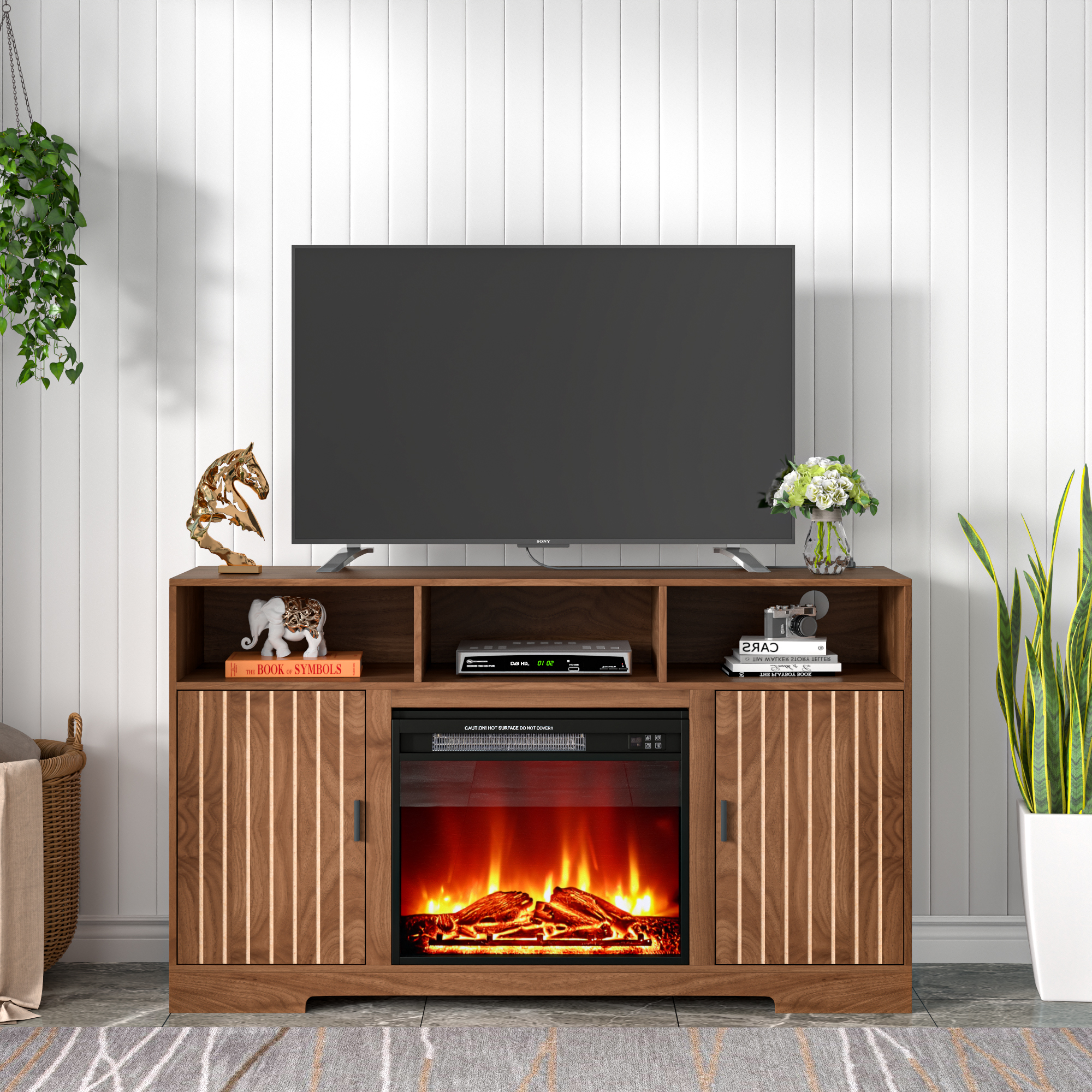thumbnail video image 2 of Fireplace TV Stand for 65 Inch TV, Farmhouse Entertainment Center with 23" Electric Fireplace Heater, Wood Media Console with Storage & Adjustable Shelf for Living Room Bedroom, 2 of 8