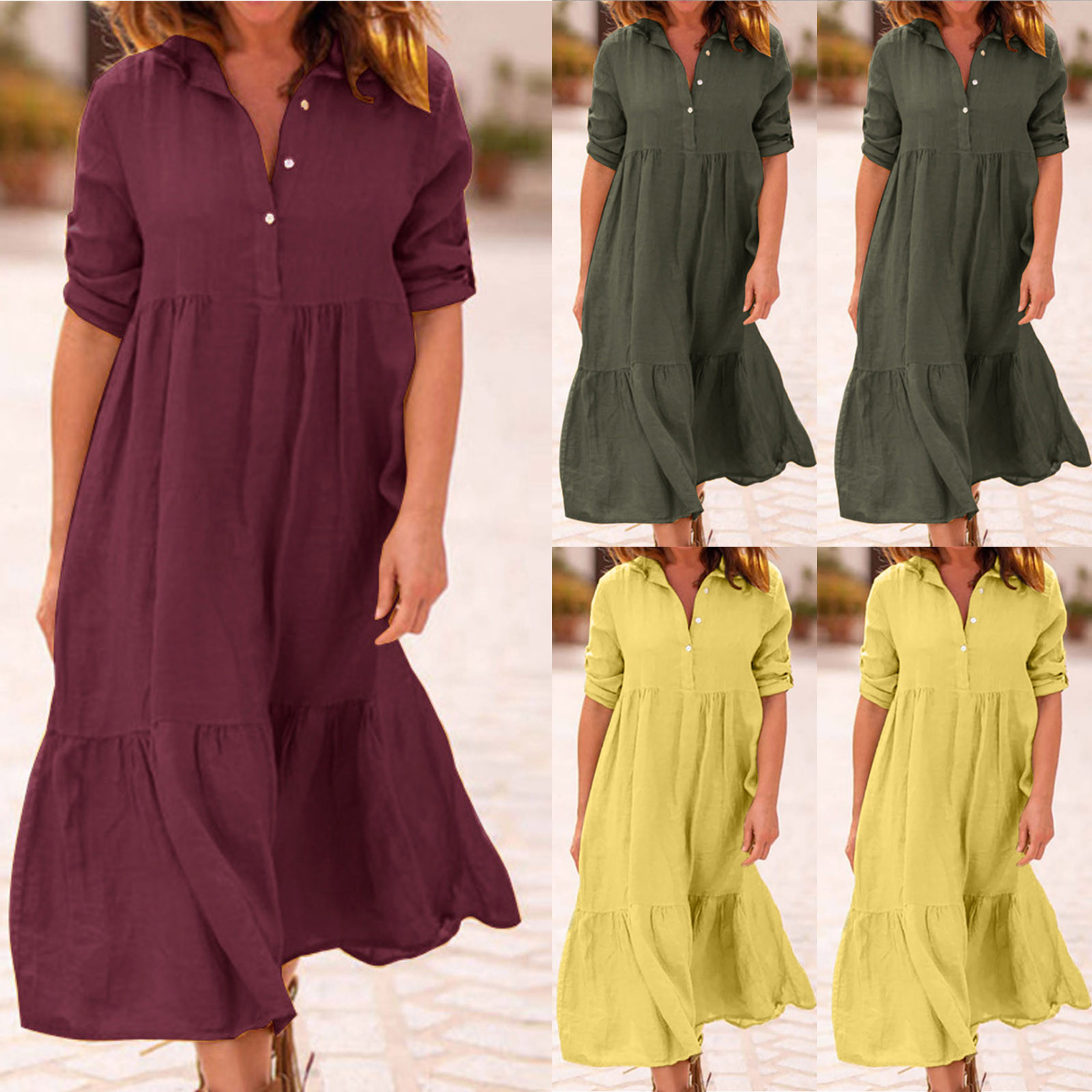 thumbnail video image 2 of WREESH Womens Summer Loose Maxi Dress Cotton Linen Solid Causal Long Sleeve Vacation Button Dress Yellow, 2 of 10