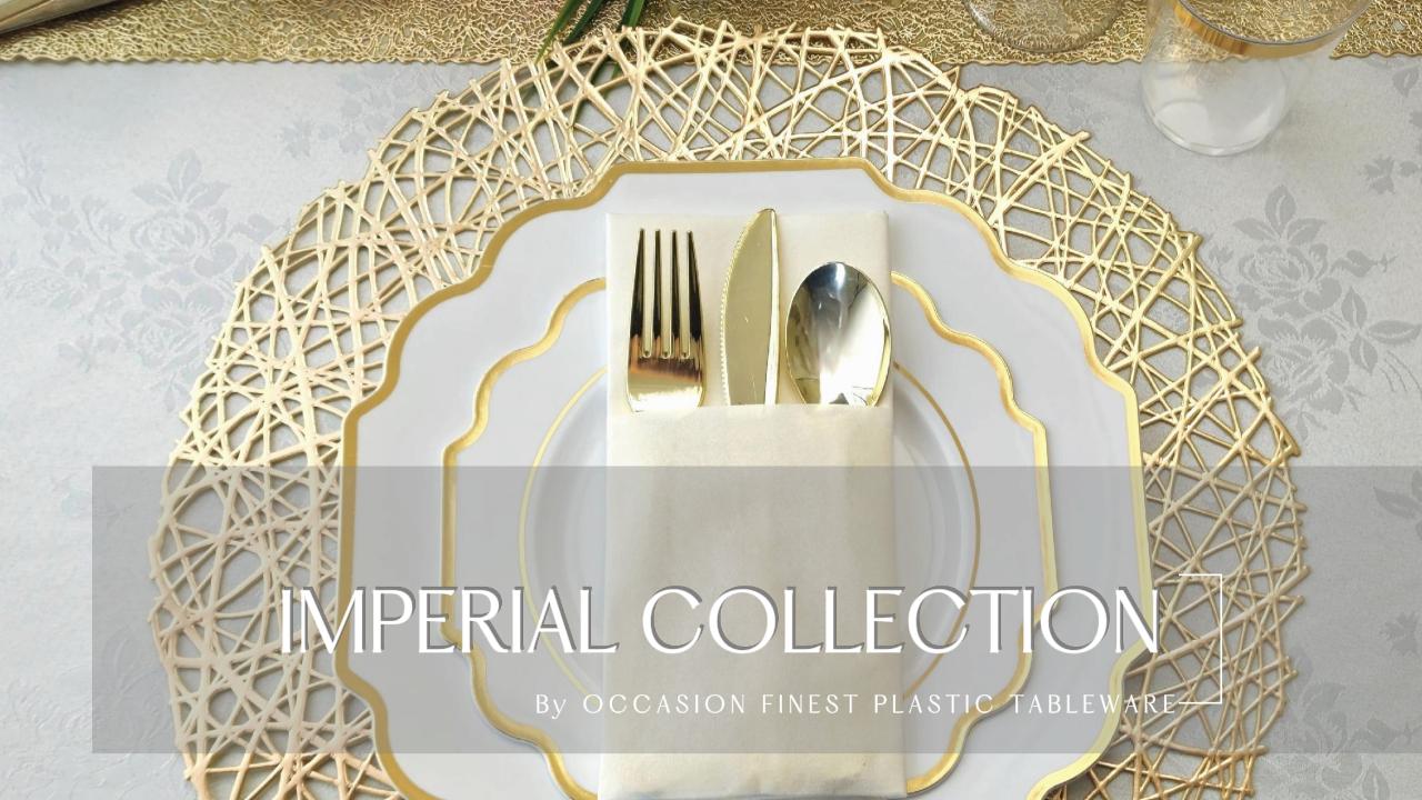 thumbnail video image 2 of " OCCASIONS " 150 Piece set (25 Guests)-Wedding Plastic Plates & cutlery -Disposable heavyweight Dinnerware 10.5'', 8'' + Silverware w/double fork (Imperial White & Gold), 2 of 9
