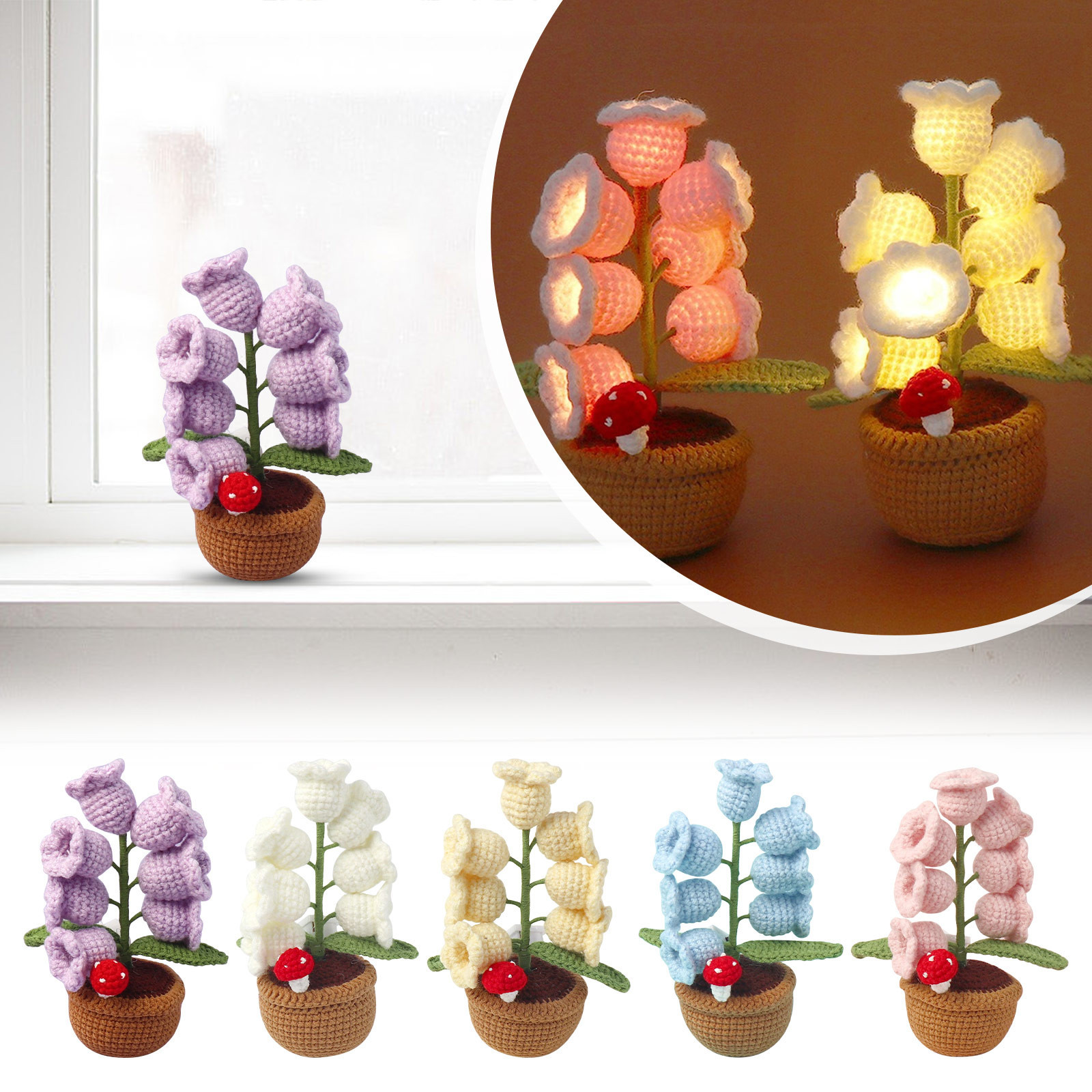 thumbnail video image 2 of Lily of The Valley Lamp, Crochet Plant Pot with Light, Cute Flower Lamp for Shelves, Battery-Operated Artificial Decor, Whimsical Gift for Women, Dorm Room, Fairy Light, 2 of 11
